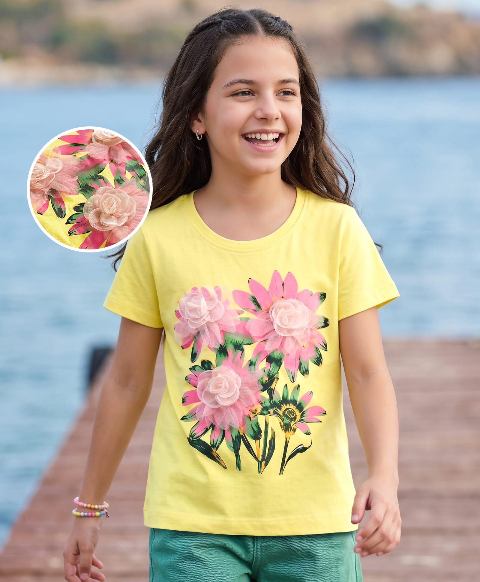 Pine Kids Cotton Knit Half Sleeves T-Shirt With Floral Print & Applique - Yellow-image-34