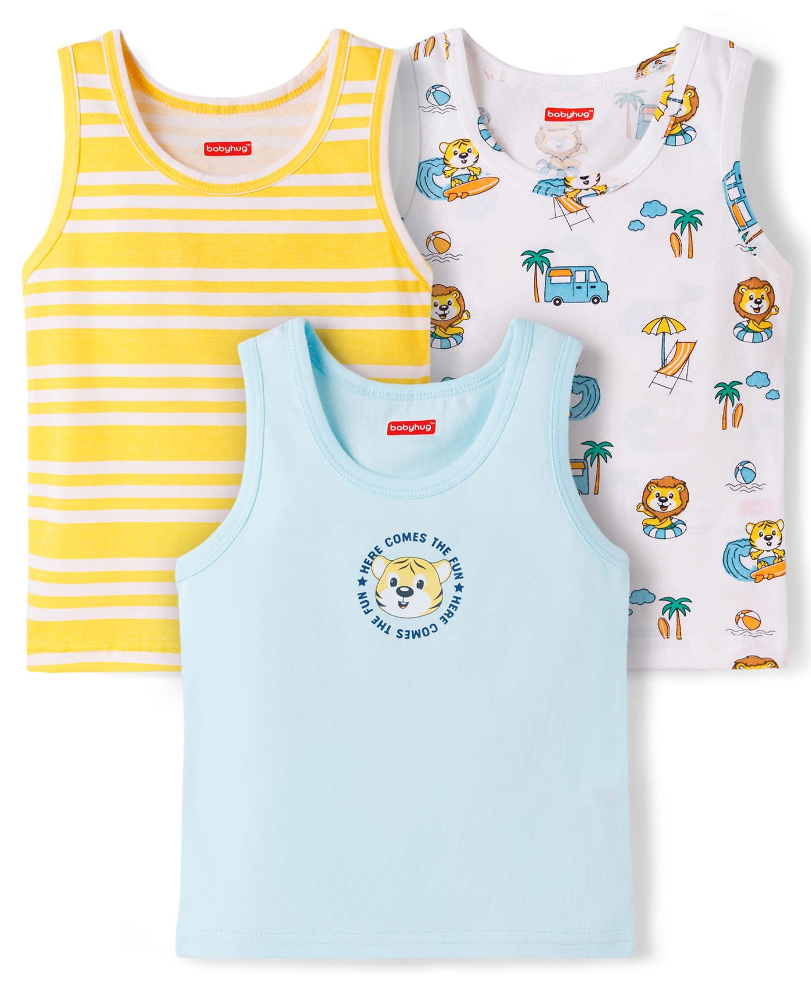 Babyhug 100% Cotton Knit Sleeveless Striped & Printed Sando Vests Pack of 3 - Multicolor-image-48