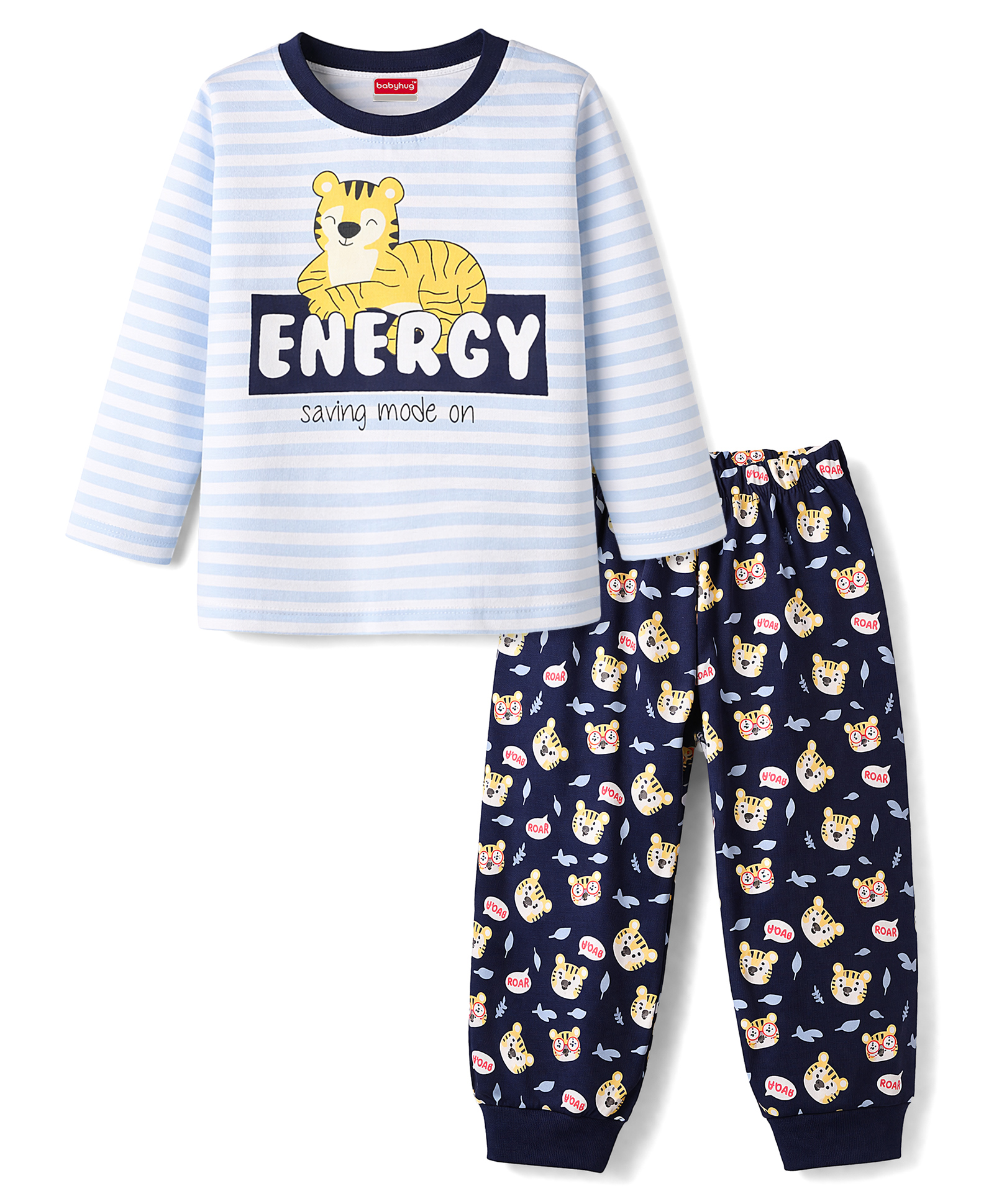 Babyhug Cotton Knit Full Sleeves T-Shirt & Pyjama Night Suit with Tiger Print - Light Blue-image-23