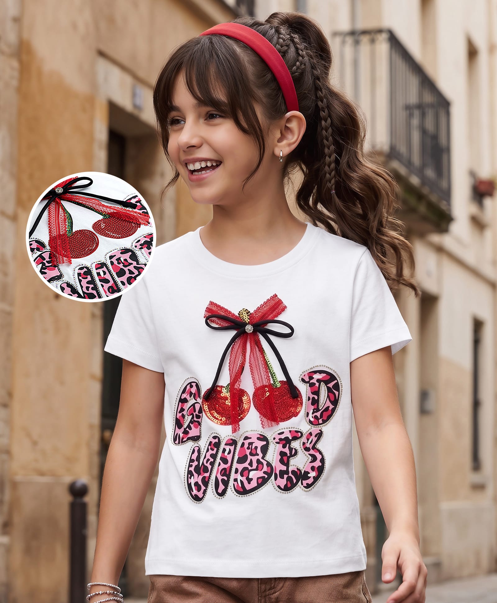 Pine Kids Cotton Knit Half Sleeves Embellished T-Shirt With Cherry Print & Applique Detailing - White-image-32