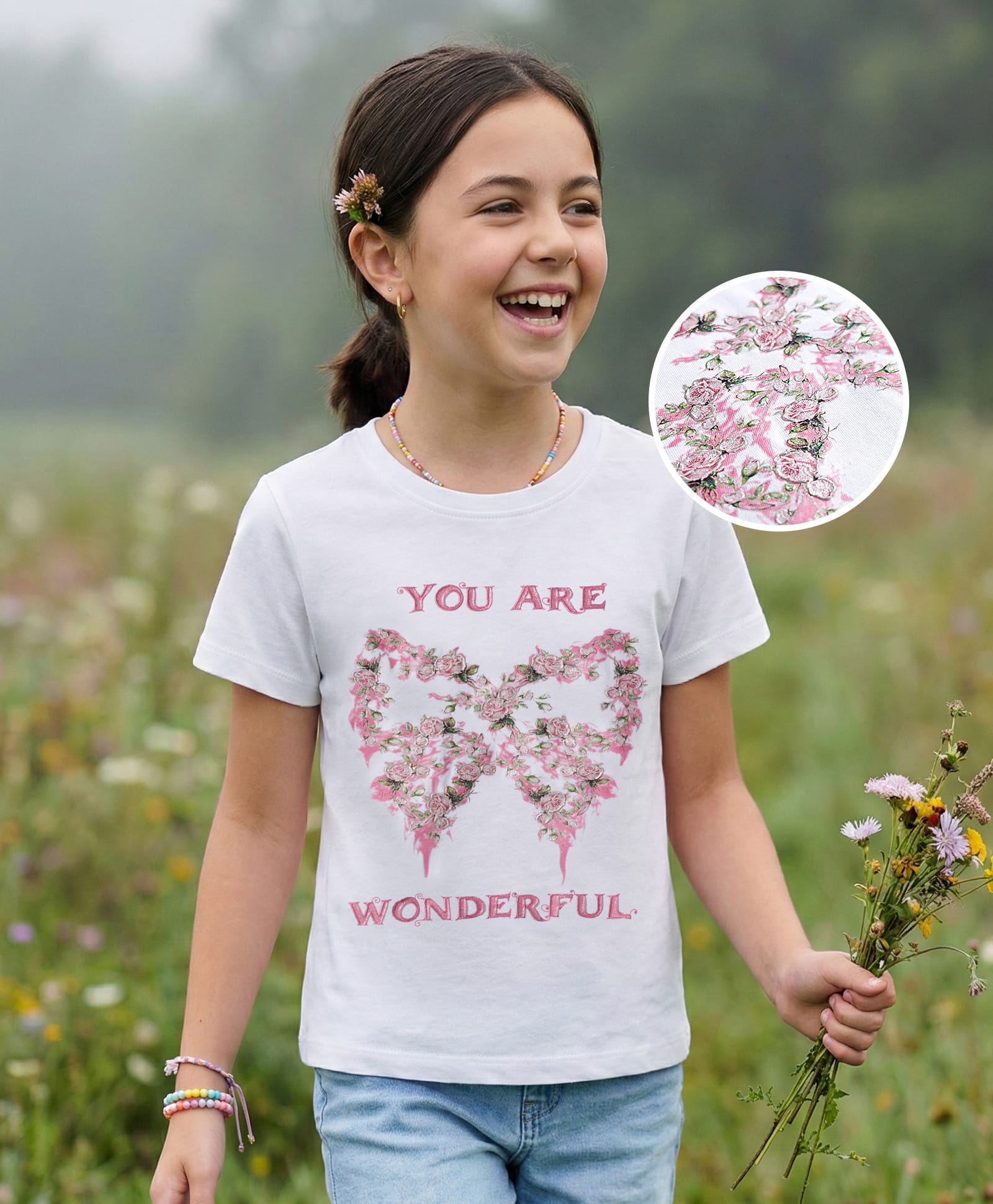 Pine Kids Cotton Knit Half Sleeves T-Shirt With Floral & Bow Print - White-picture-48