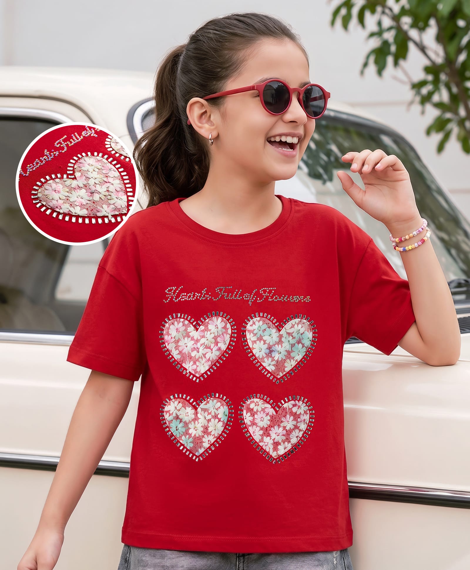 Pine Kids Cotton Knit T-Shirts Half Sleeves Round Neck Hearts Print Red 6-7 Years-image-26