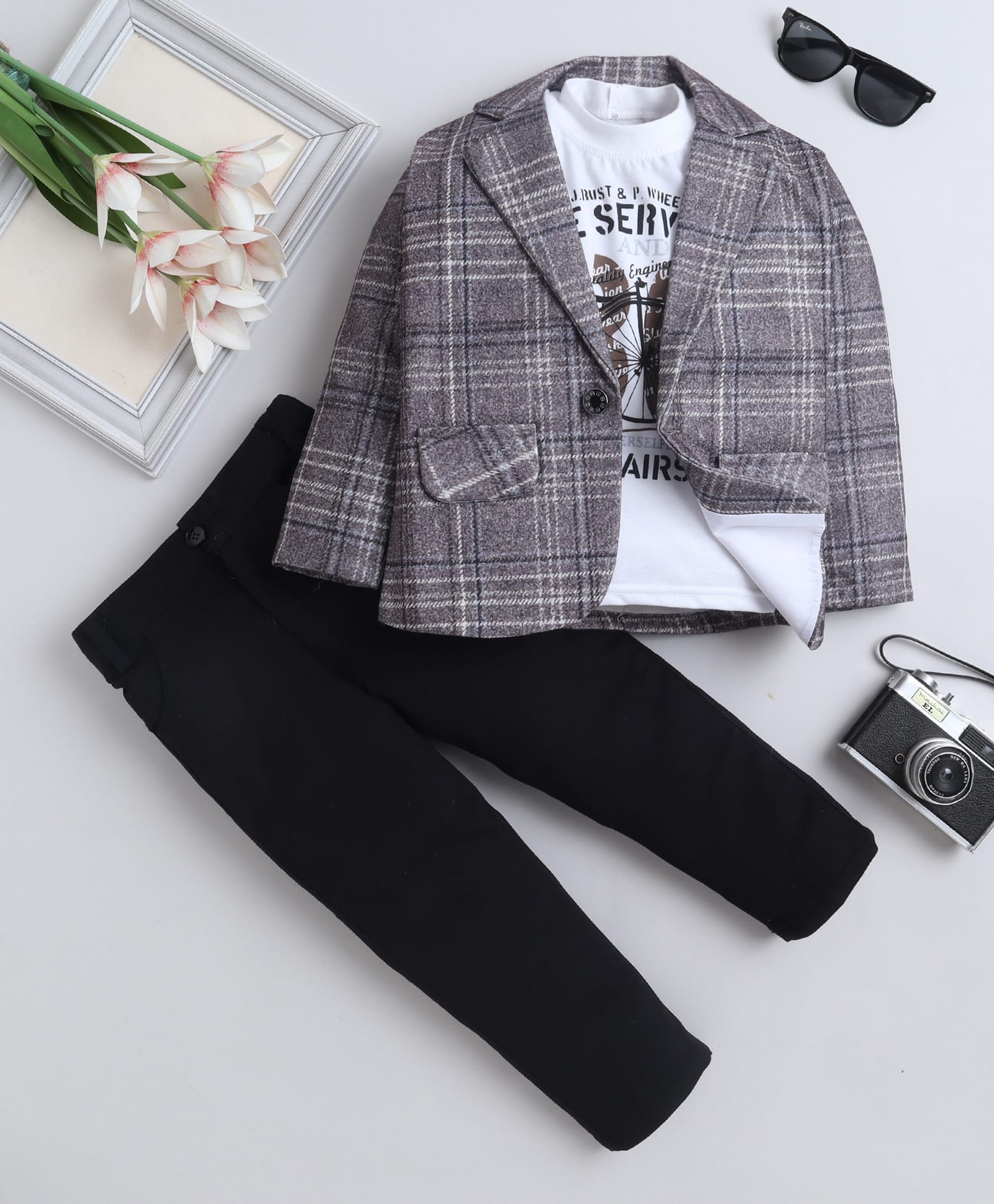 Fourfolds Cotton Blend Woven Full Sleeves Checked Blazer & Trousers With Tee Set - Brown-picture-18