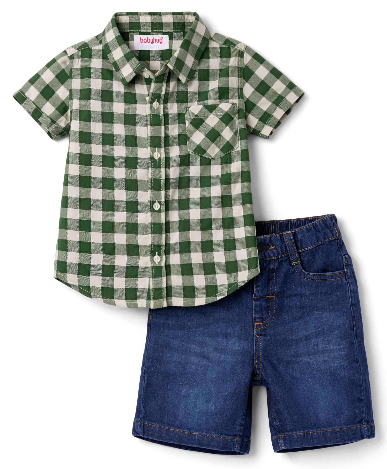 Babyhug Cotton Woven Half Sleeves Checks Shirt & Denim Shorts Set - Green & Blue-image-8