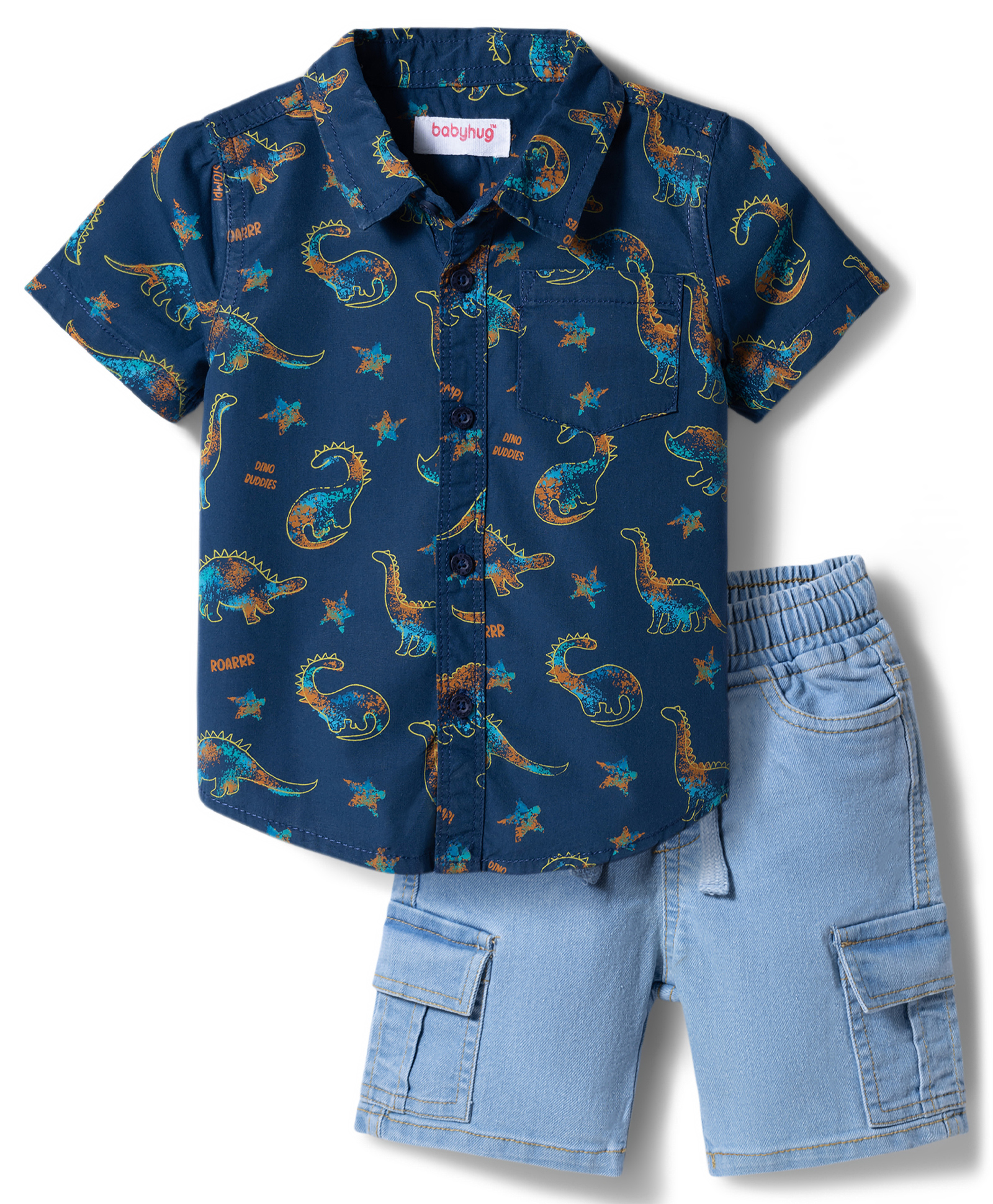 Babyhug Cotton Woven Denim Half Sleeves Shirt & Shorts Set With Dino Print - Blue-picture-10