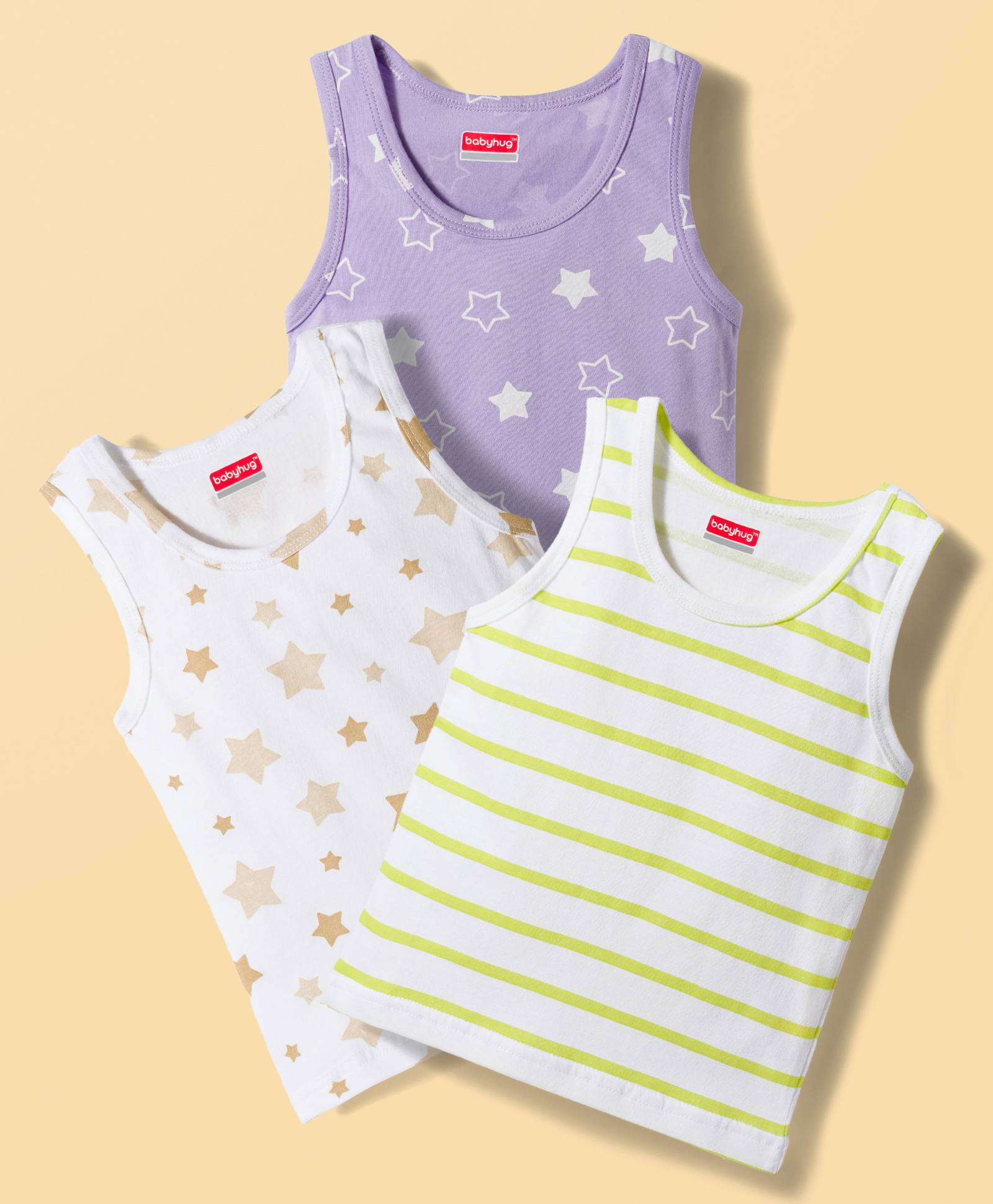 Babyhug 100% Cotton Knit Sleeveless Striped & Star Printed Sando Vests Pack of 3 - Multicolor-image-8