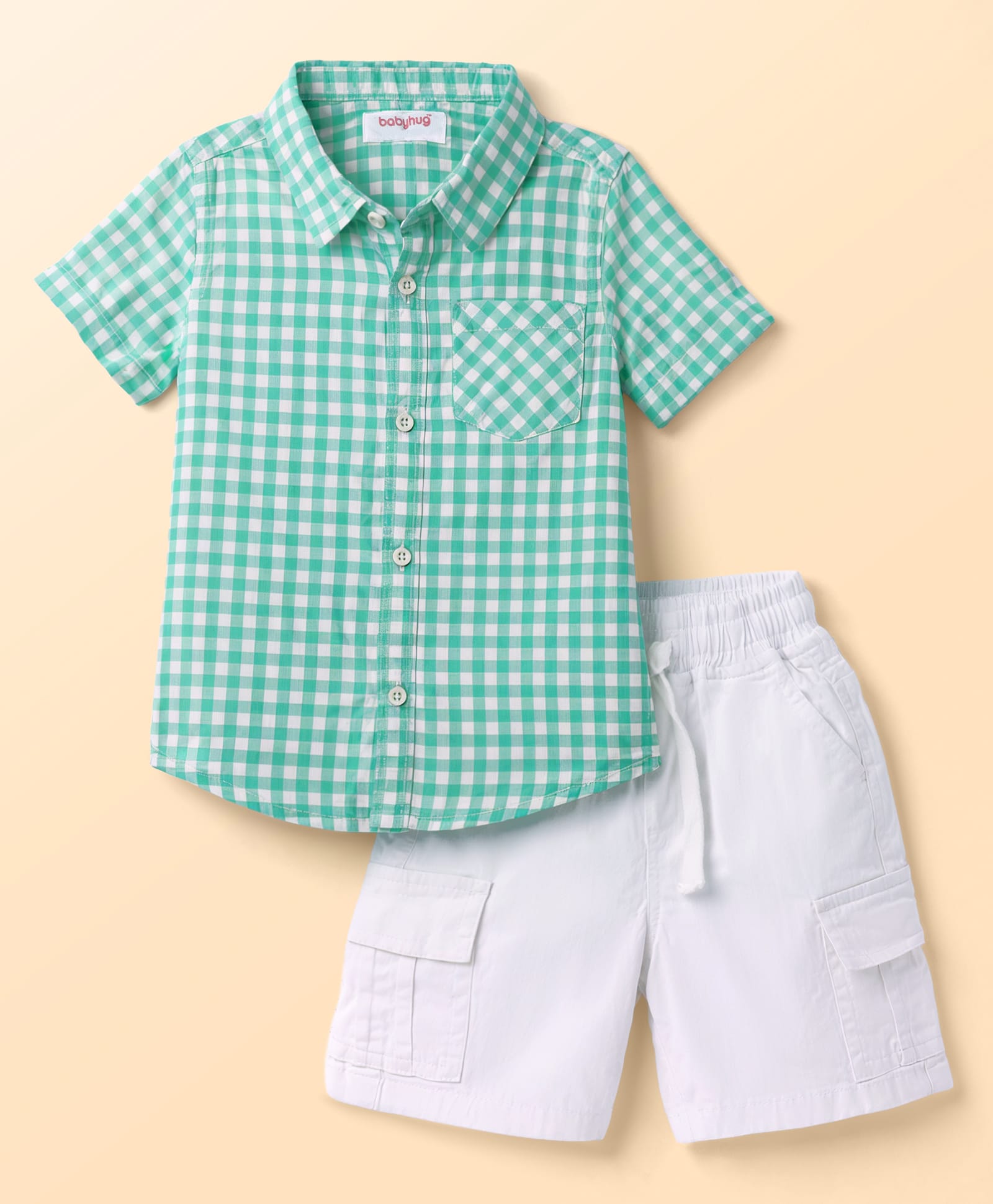 Babyhug Cotton Woven Half Sleeves Checks Shirt & Shorts Set - Green & White-image-22