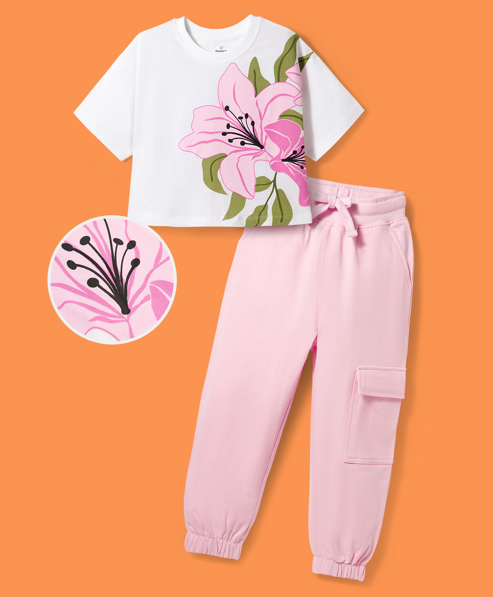 OLLINGTON ST. Cotton Knit Half Sleeves Top With Print & Joggers Set - White & Pink