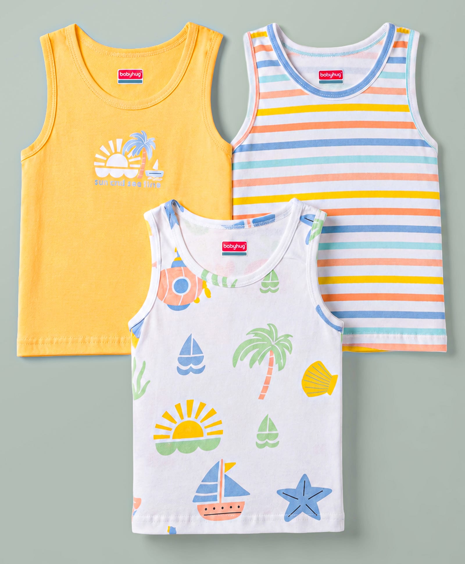 Babyhug 100% Cotton Knit Sleeveless Striped & Nautical Theme Printed Sando Vests Pack Of 3 - Multicolor-image-20