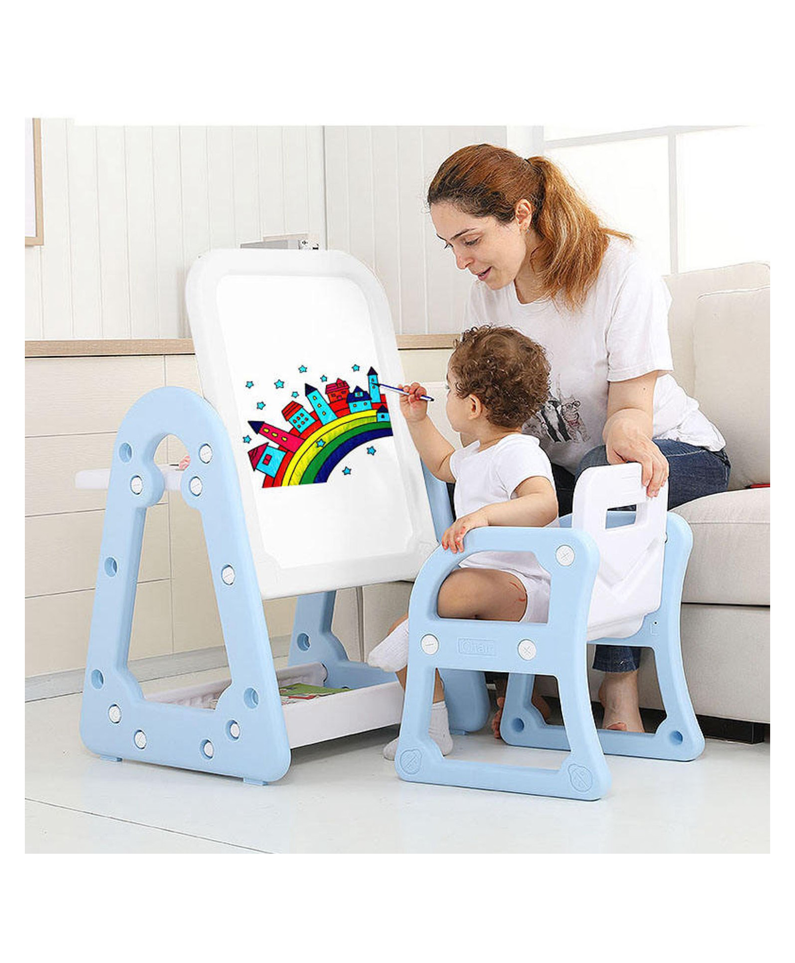 Oskart kids easel board with chair convertible table chair, white board study table set, premium educational toy for kids games and learning (blue)-image-44