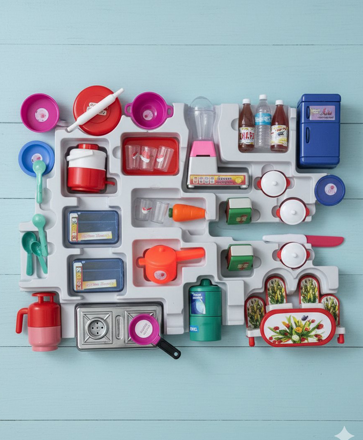 Oskart kids kitchen set toys with 20+ accessories, indian style mini kitchen set utensils, mixer fridge cooker stove cylinder, premium toy kitchen set (Assorted Colors)-picture-28