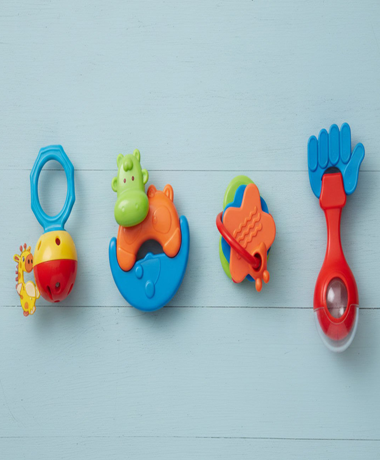 Oskart 4 pcs baby rattle set with teether, non toxic baby toys for early development, bright colorful rattles, safe grip design, premium quality infant toy (Assorted Color)-image-1