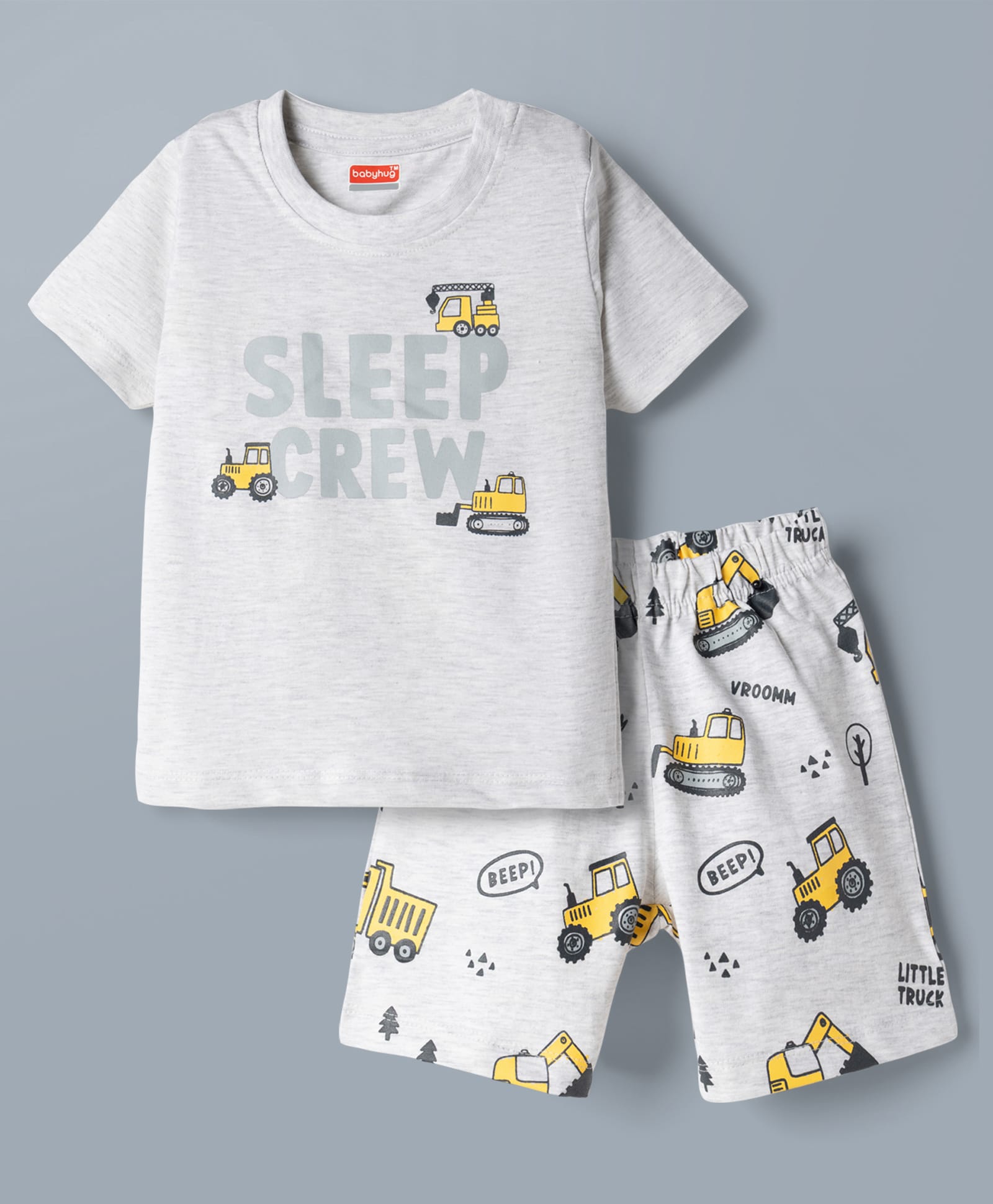Babyhug Cotton Knit Half Sleeves T-Shirt & Shorts Set With Construction Vehicle Print - White-picture-11