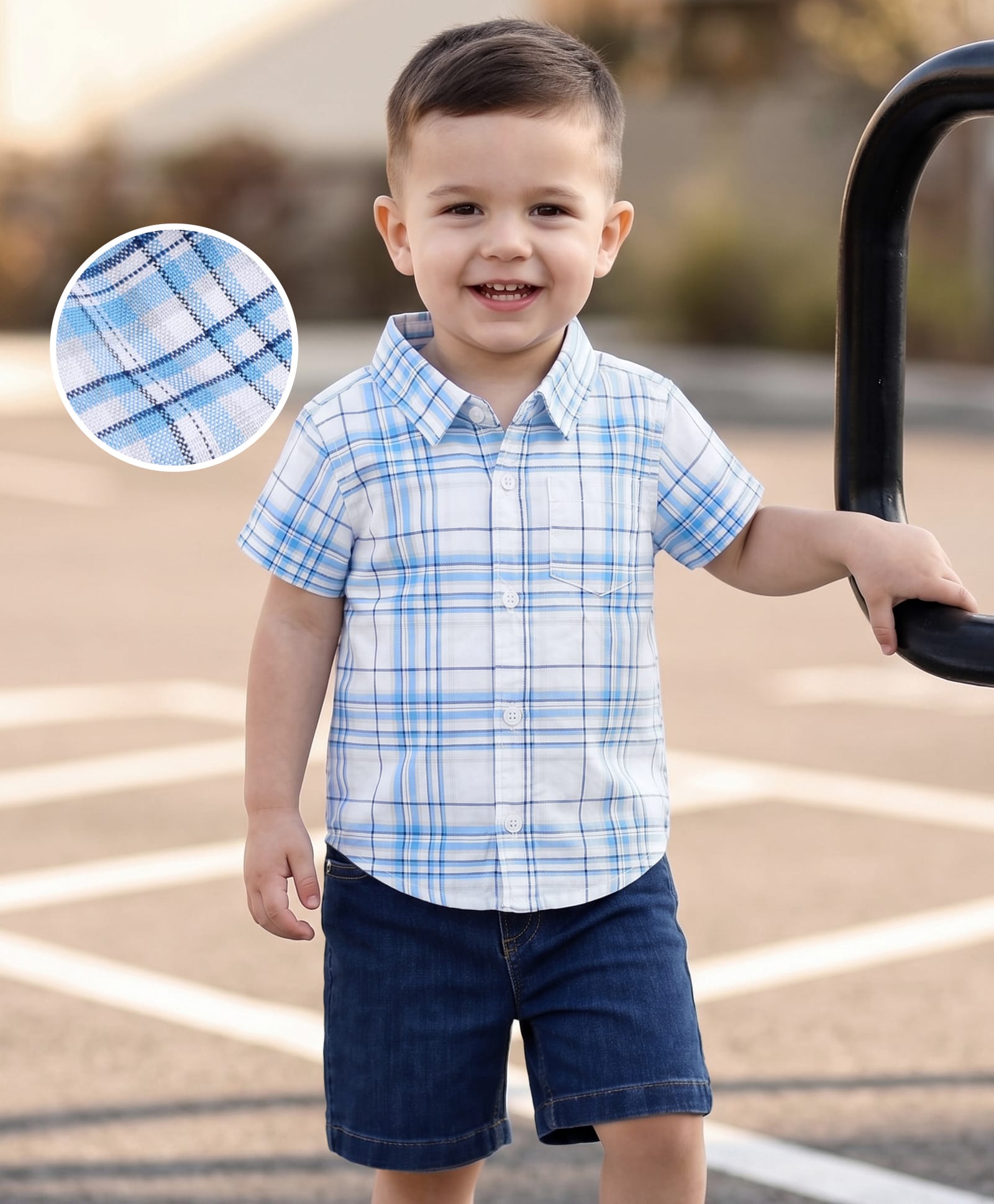 Babyhug Cotton Woven Half Sleeves Checked Shirt & Denim Shorts Set - Navy Blue-picture-25