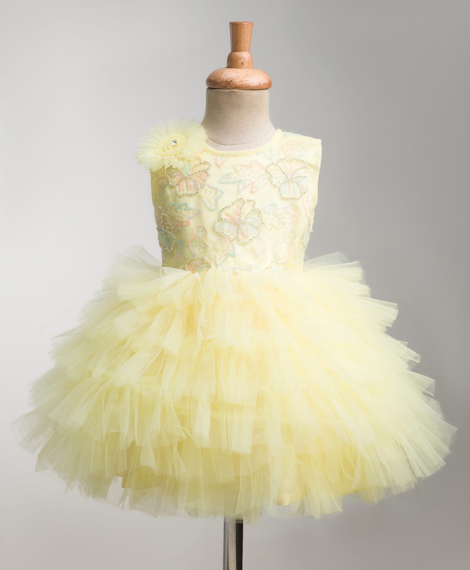 Bluebell Net Knit Sleeveless Frock With Floral Embroidery & Applique - Light Yellow-image-33