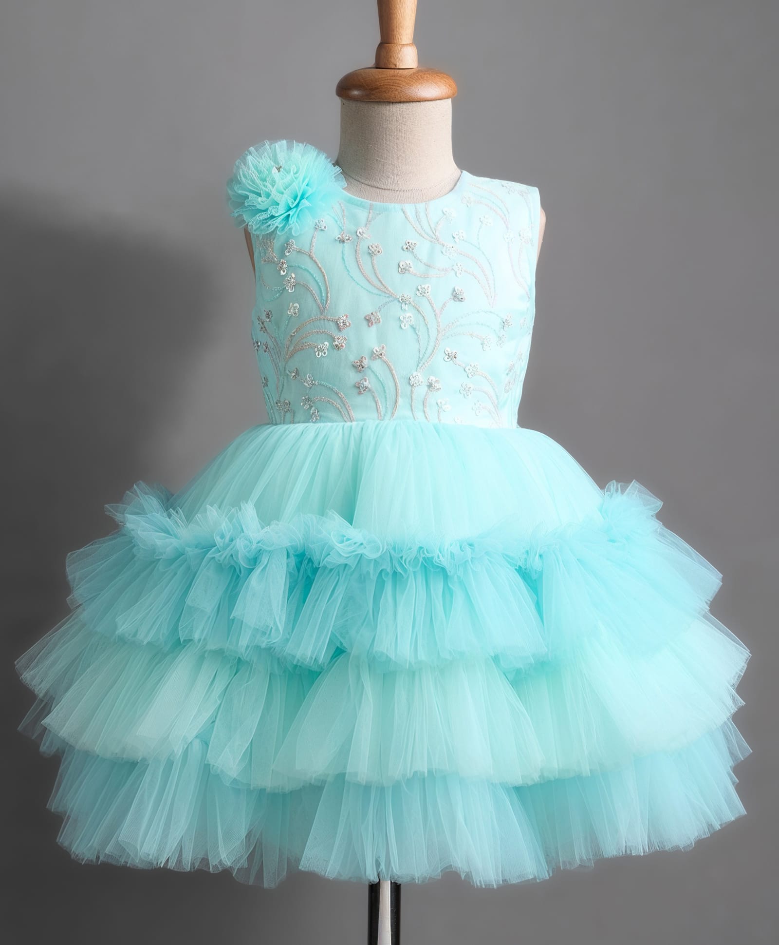 Bluebell Net Knit Sleeveless Floral Sequinned Layered Party Dress With Applique - Light Blue-image-19