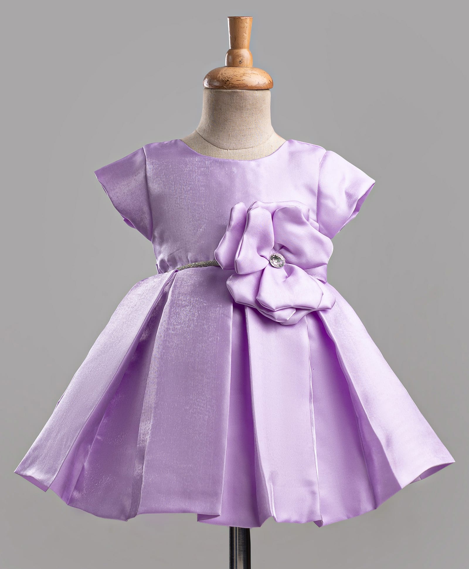 Bluebell Satin Knit Half Sleeves Pleated Party Dress With Floral Applique - Lavender-image-37