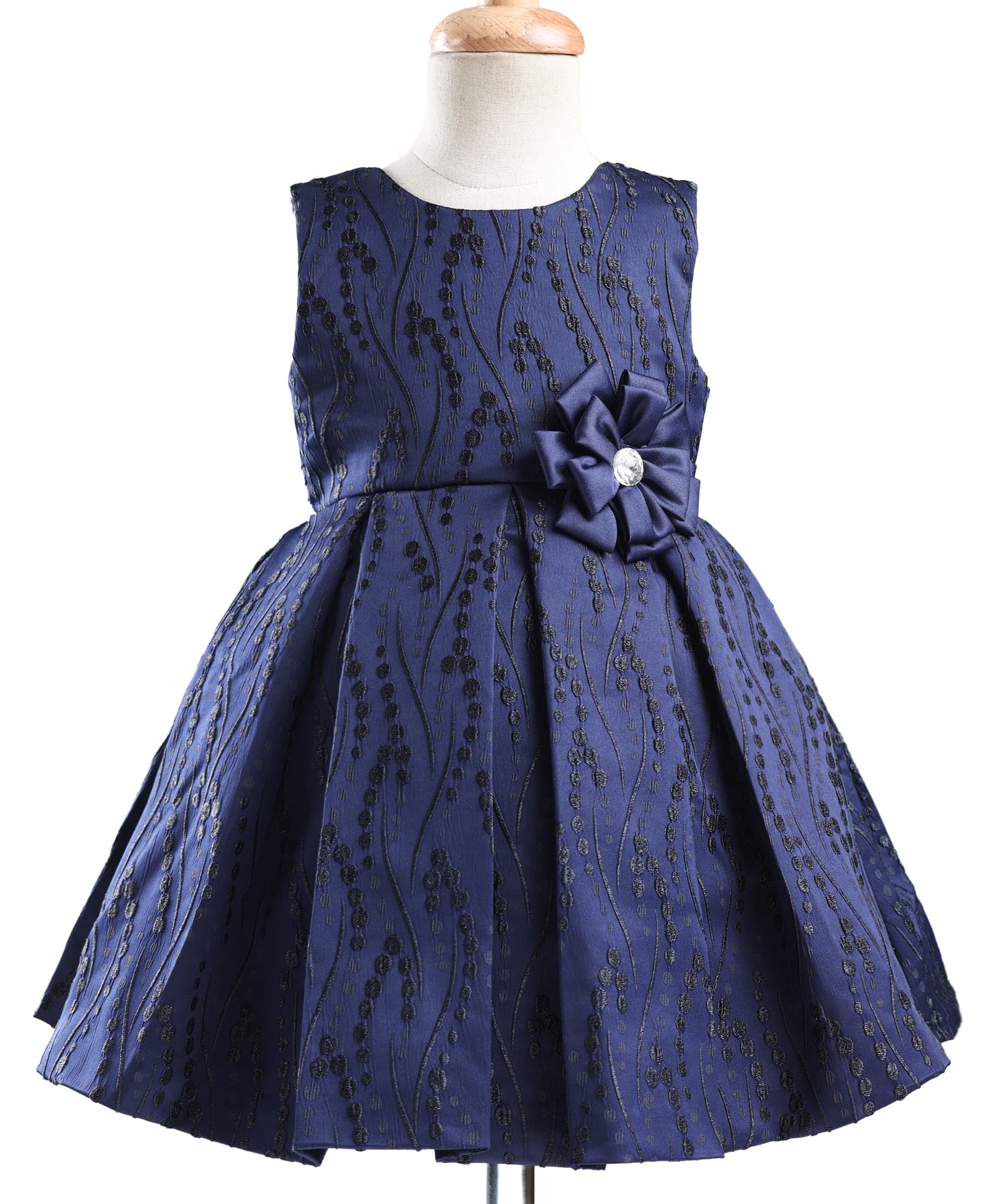 Bluebell Jacquard Knit Sleeveless Embroidered Frock with Floral Applique - Navy-image-36