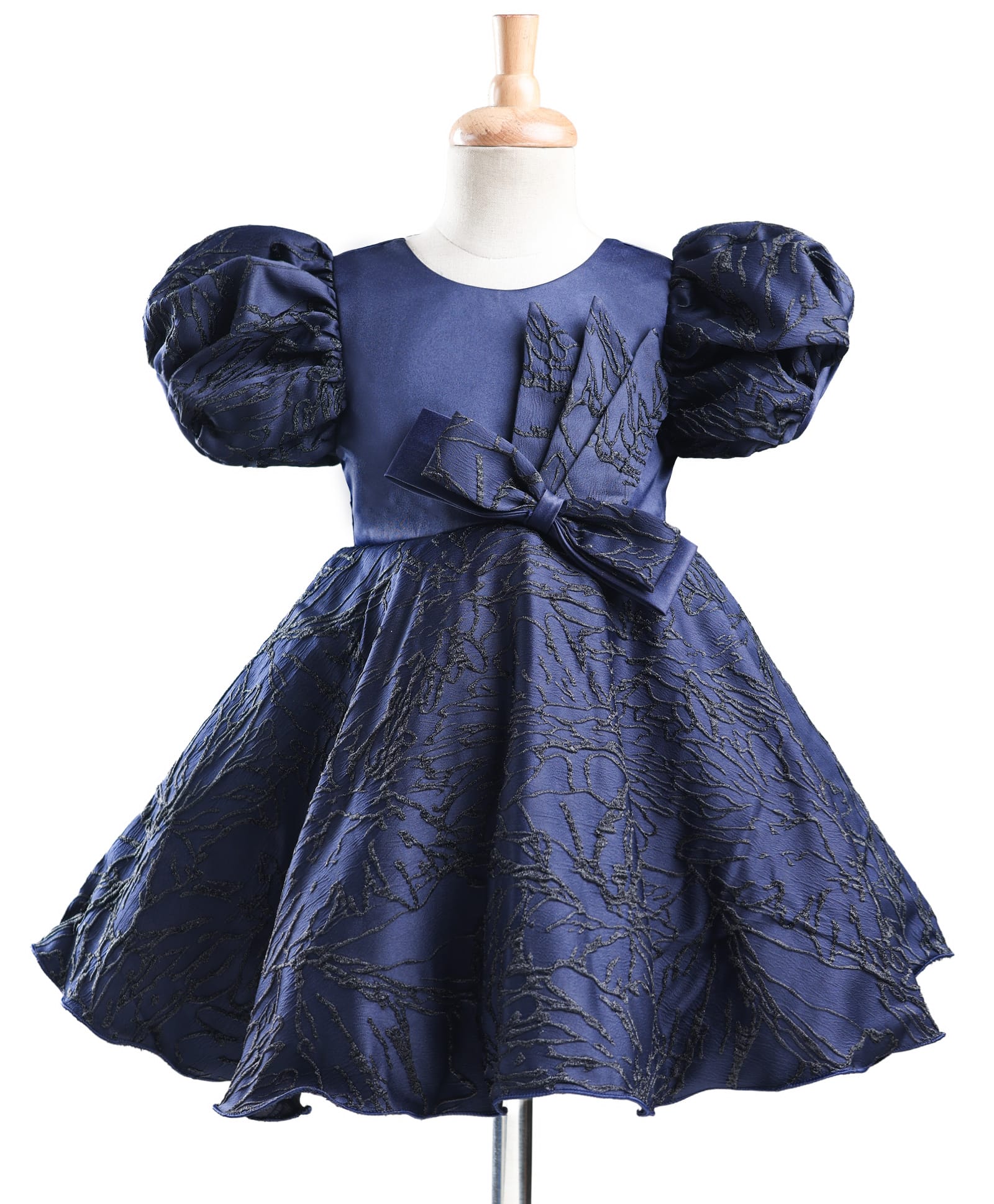 Bluebell Satin Woven Half Sleeves Party Dress With Bow Applique & Floral Design - Navy Blue-image-9