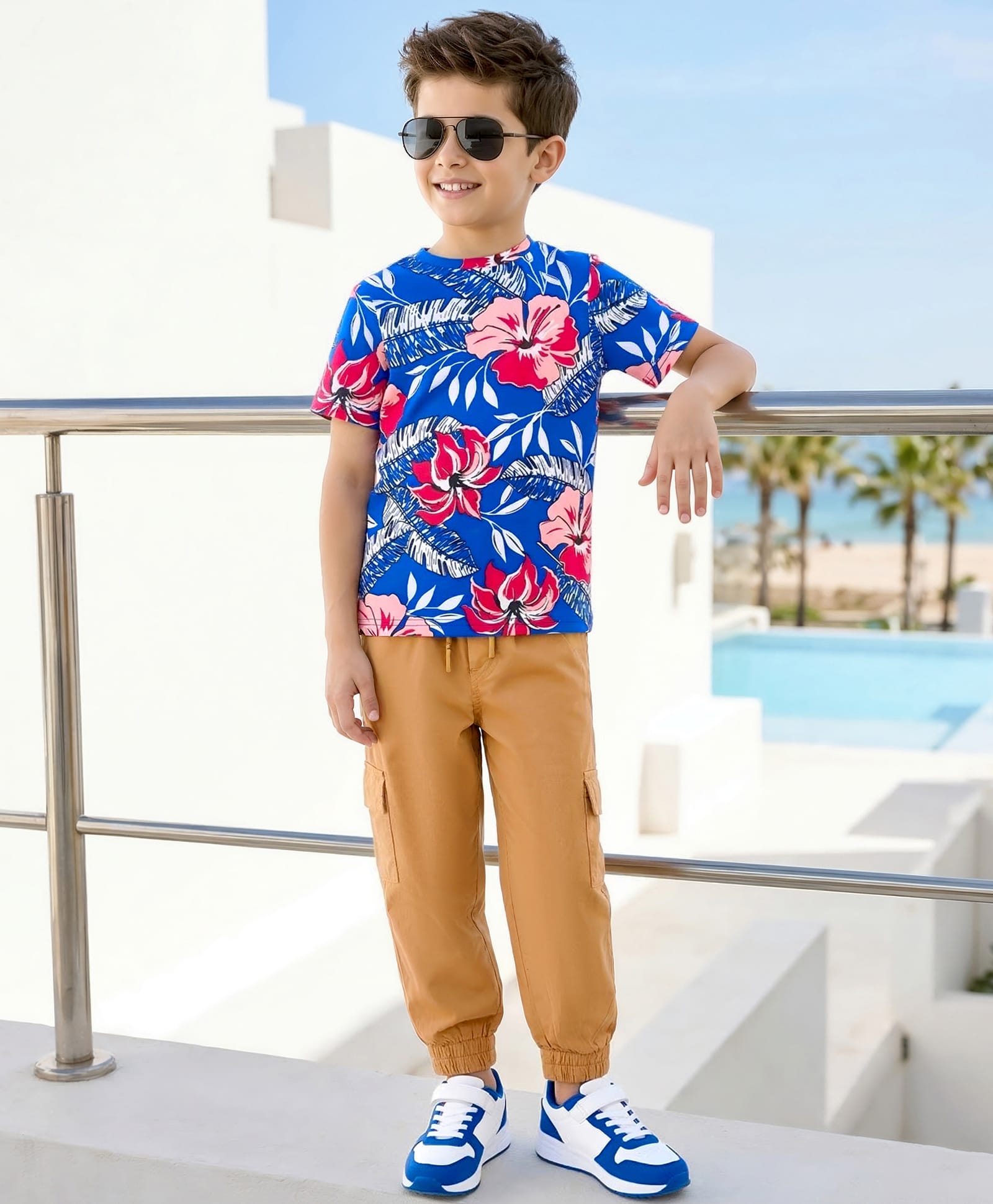 OLLINGTON ST. Cotton Knit Half Sleeve Floral Printed T-Shirt & Woven Joggers - Multicolour & Khaki-image-14