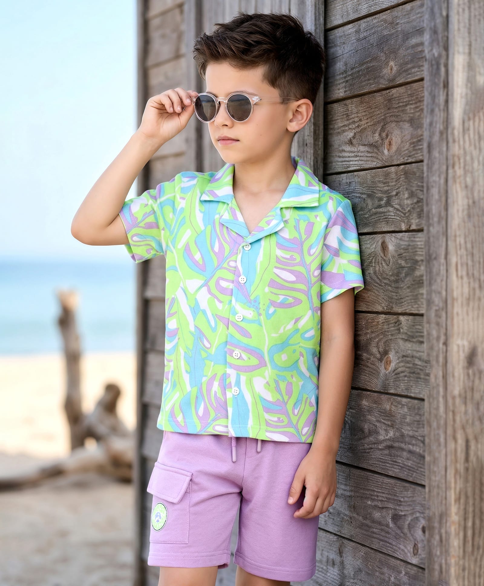 OLLINGTON ST. Cotton Knit Half Sleeves Tropical Theme Printed Shirt & Shorts Set - Multicolour & Lavender-picture-20