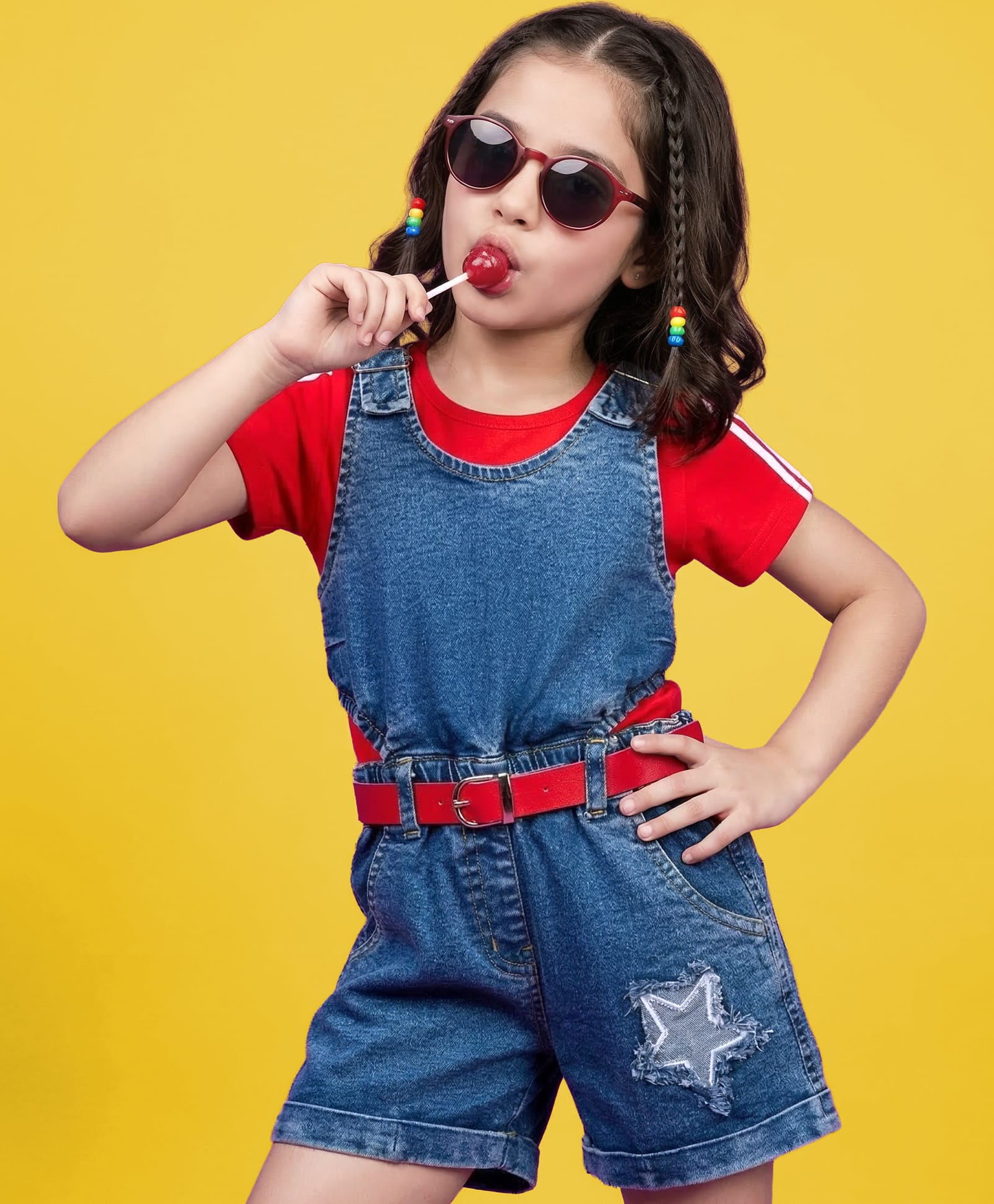 Ollington St. Cotton Knit Half Sleeves T-Shirt & Stretchable Denim Dungaree Shorts with Belt Text Print & Star Patch - Indigo & Red-picture-25