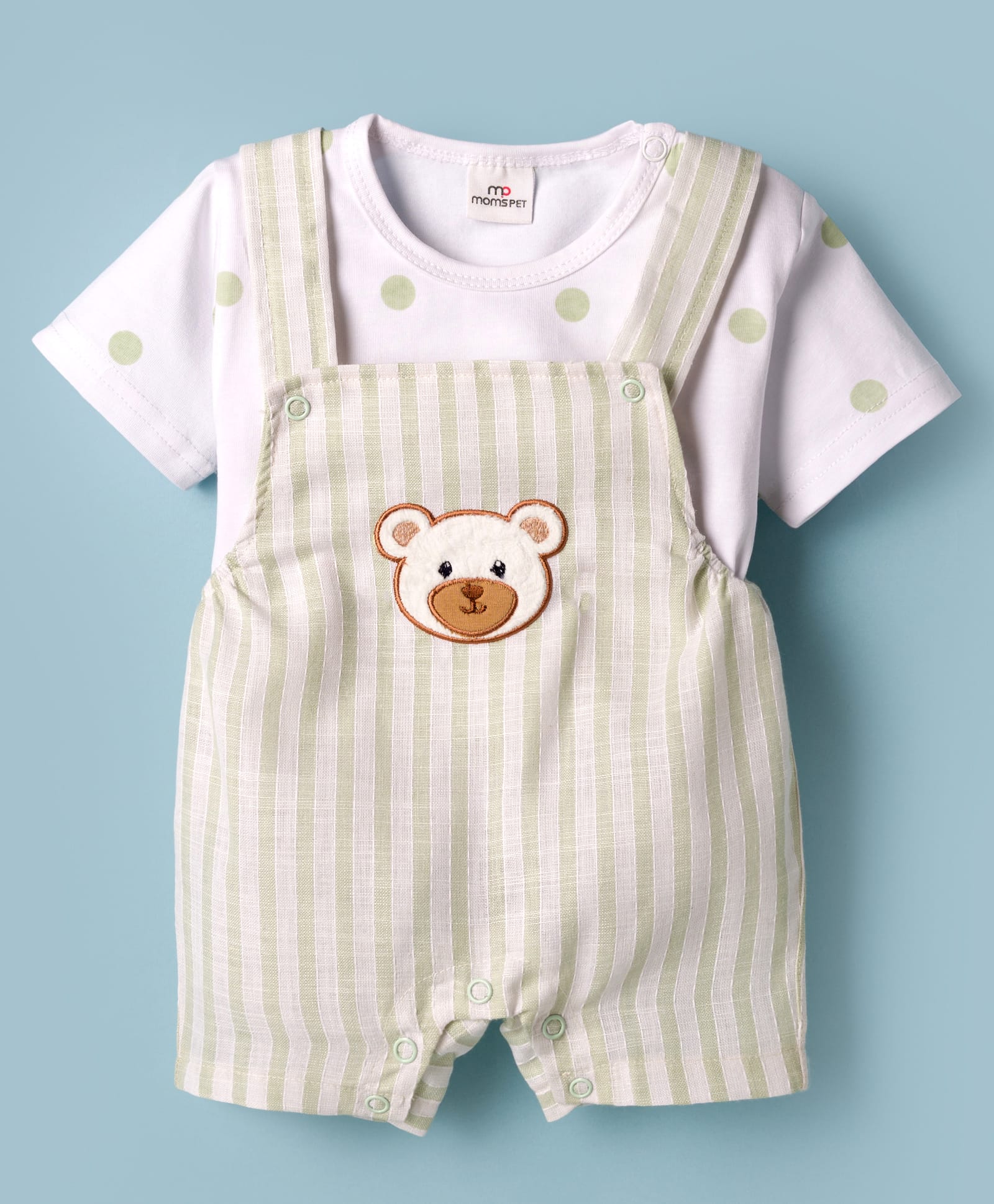 Mom's pet Cotton Knit Bear Embroidered Dungaree With Half Sleeves Tee - Green-picture-30