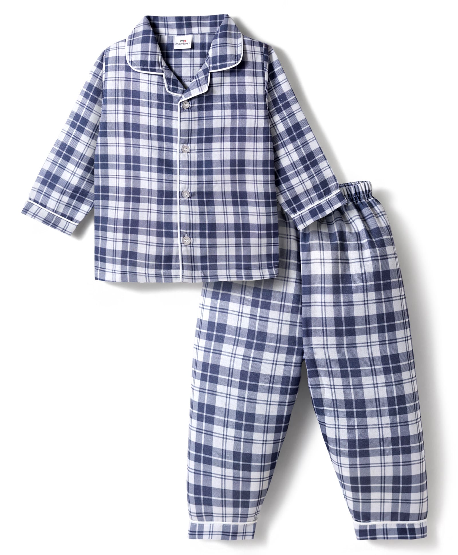 Mom's pet Cotton Knit Full Sleeves Checked Coordinating Shirt & Pant Night Suit - Dark Blue