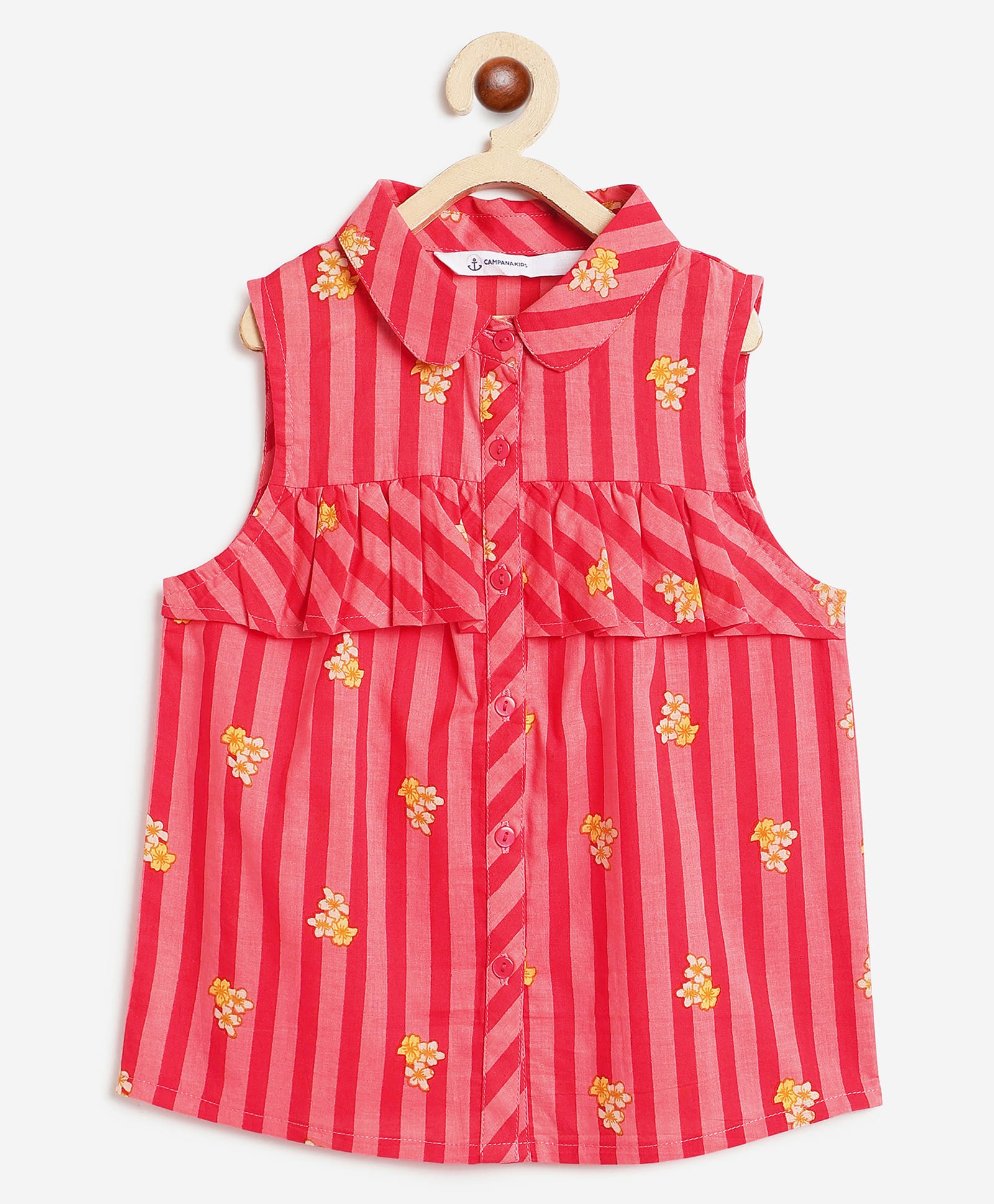 Campana 100% Cotton Woven Sleeveless Striped & Floral Printed Shirt Style Top - Red & Pink-picture-24