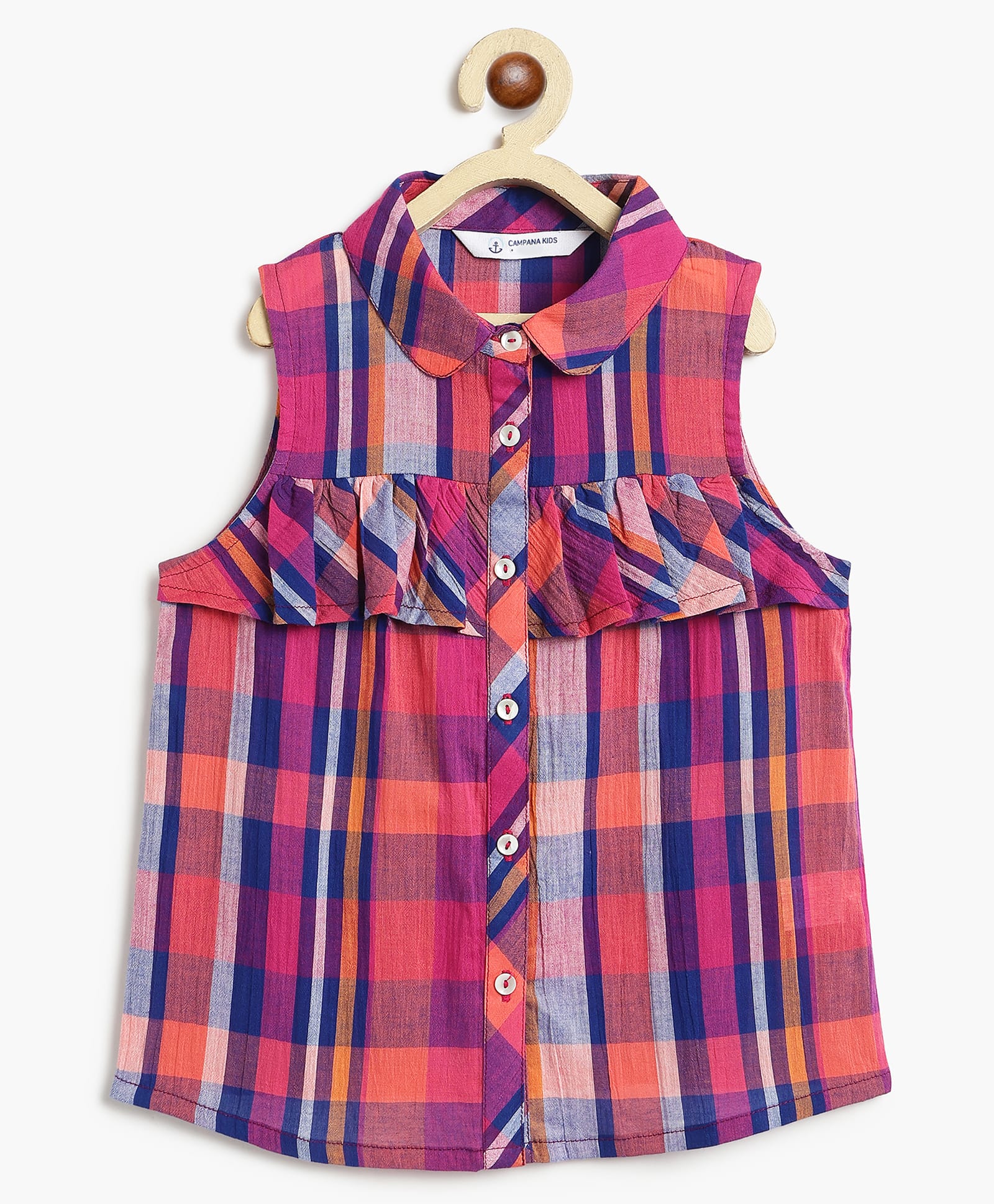Campana 100% Cotton Woven Sleeveless Checked Shirt Style Top - Navy Blue & Pink-image-19