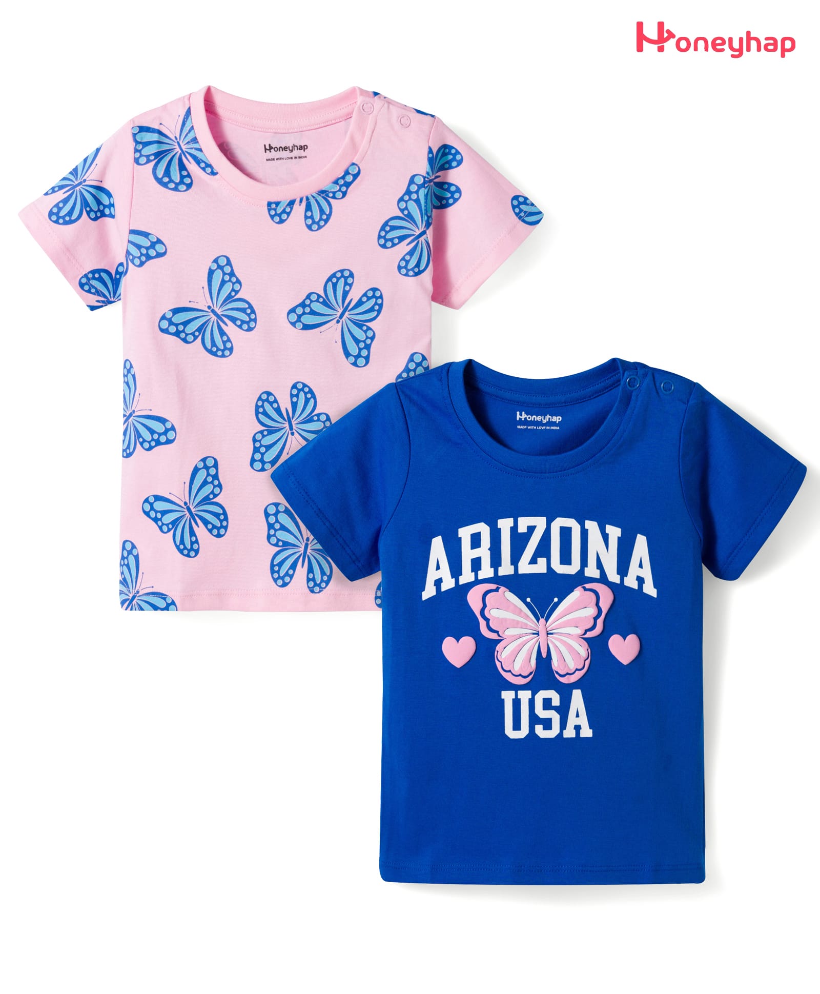 Honeyhap Premium 100% Cotton Knit Half Sleeves Butterfly Printed T-Shirts With Bio Finish Pack Of 2 - Pink & Blue-image-46
