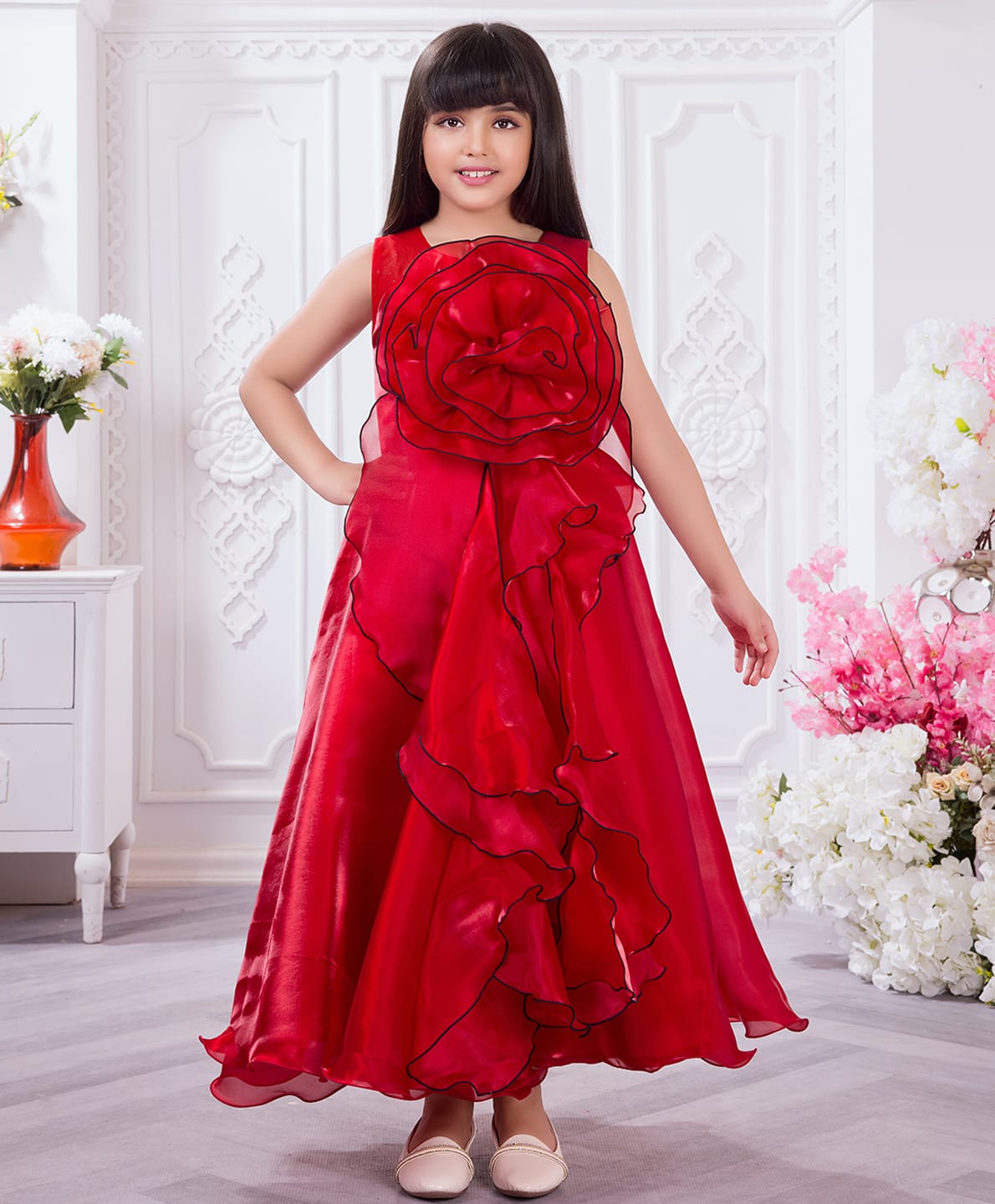 Tiny Kingdom Tissue Woven Sleeveless Floral Applique & Ruffle Detailed Gown - Red-image-43