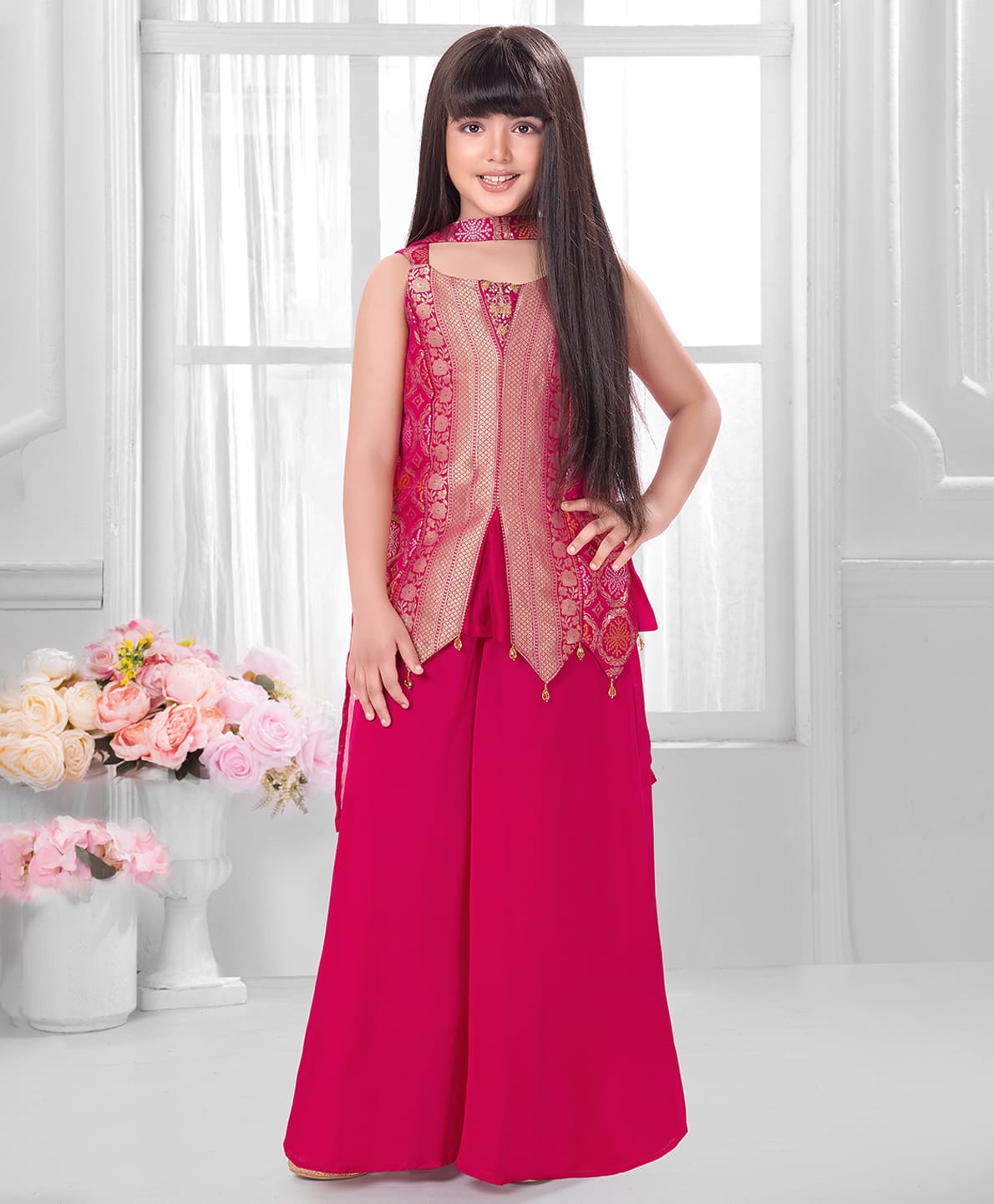 Tiny Kingdom Georgette Woven Sleeveless Floral Printed Top & Palazzo With Dupatta Set - Pink-image-32