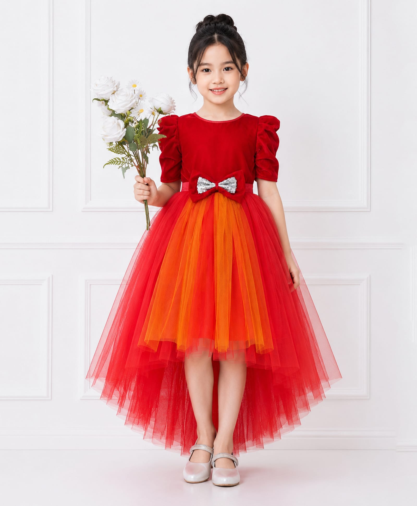 Toy Balloon Kids Velvet Woven Three Fourth Sleeves Sequins Embellished Bow Applique Detailed High Low Dress - Red-picture-14
