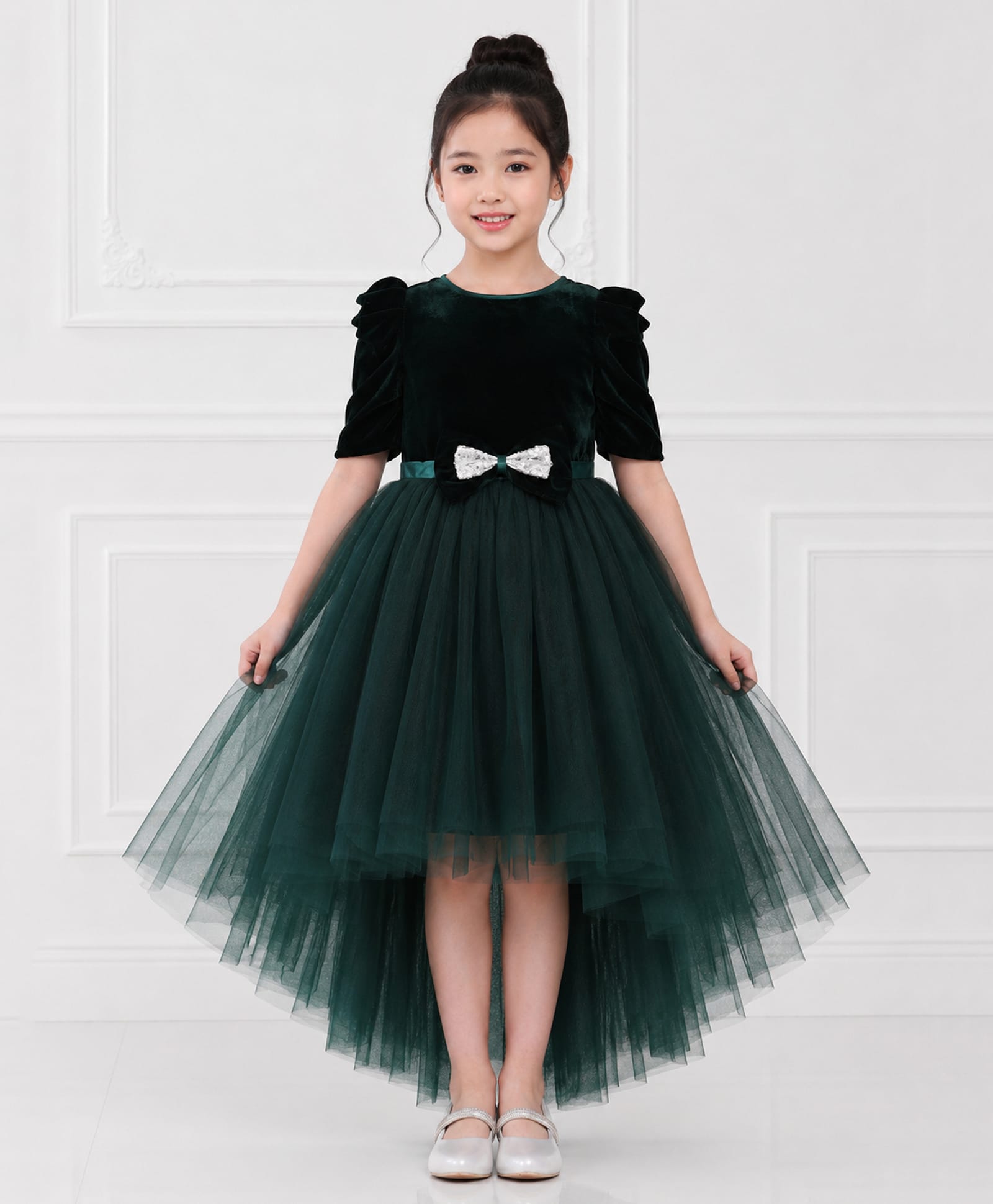 Toy Balloon Kids Net Woven Three Fourth Sleeves Bow Applique Detailed High Low Dress - Green-image-13