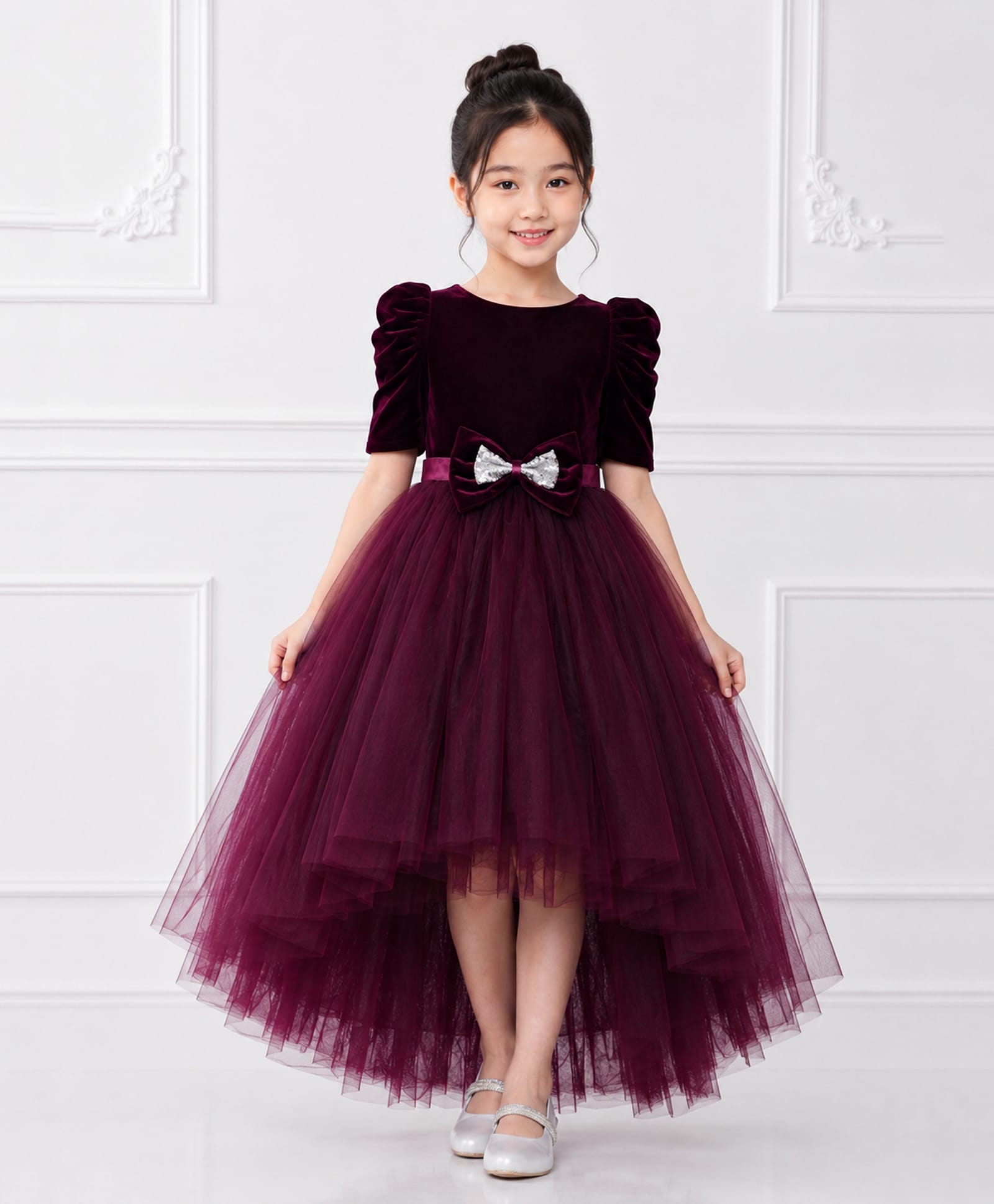 Toy Balloon Kids Velvet Knit Three Fourth Puffed Sleeves Sequin Embellished Bow Applique & Frill Detailed High Low Dress - Purple-image-44