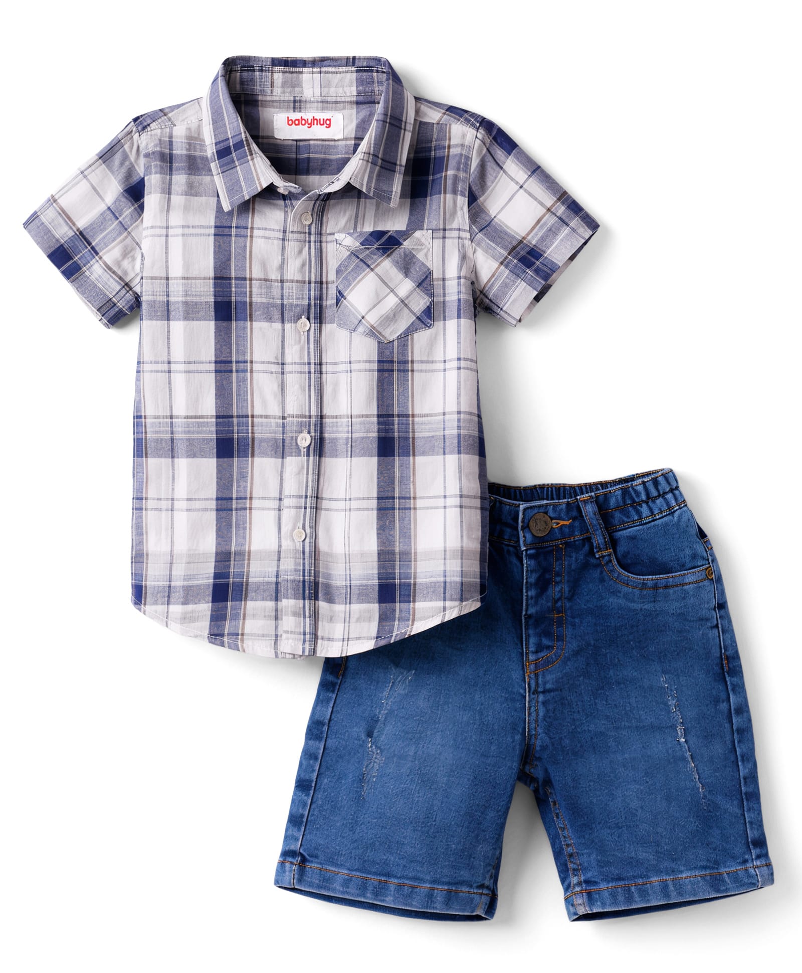 Babyhug Cotton Woven to Denim Half Sleeves Checks Shirts & Shorts Set - Multicolor-image-35
