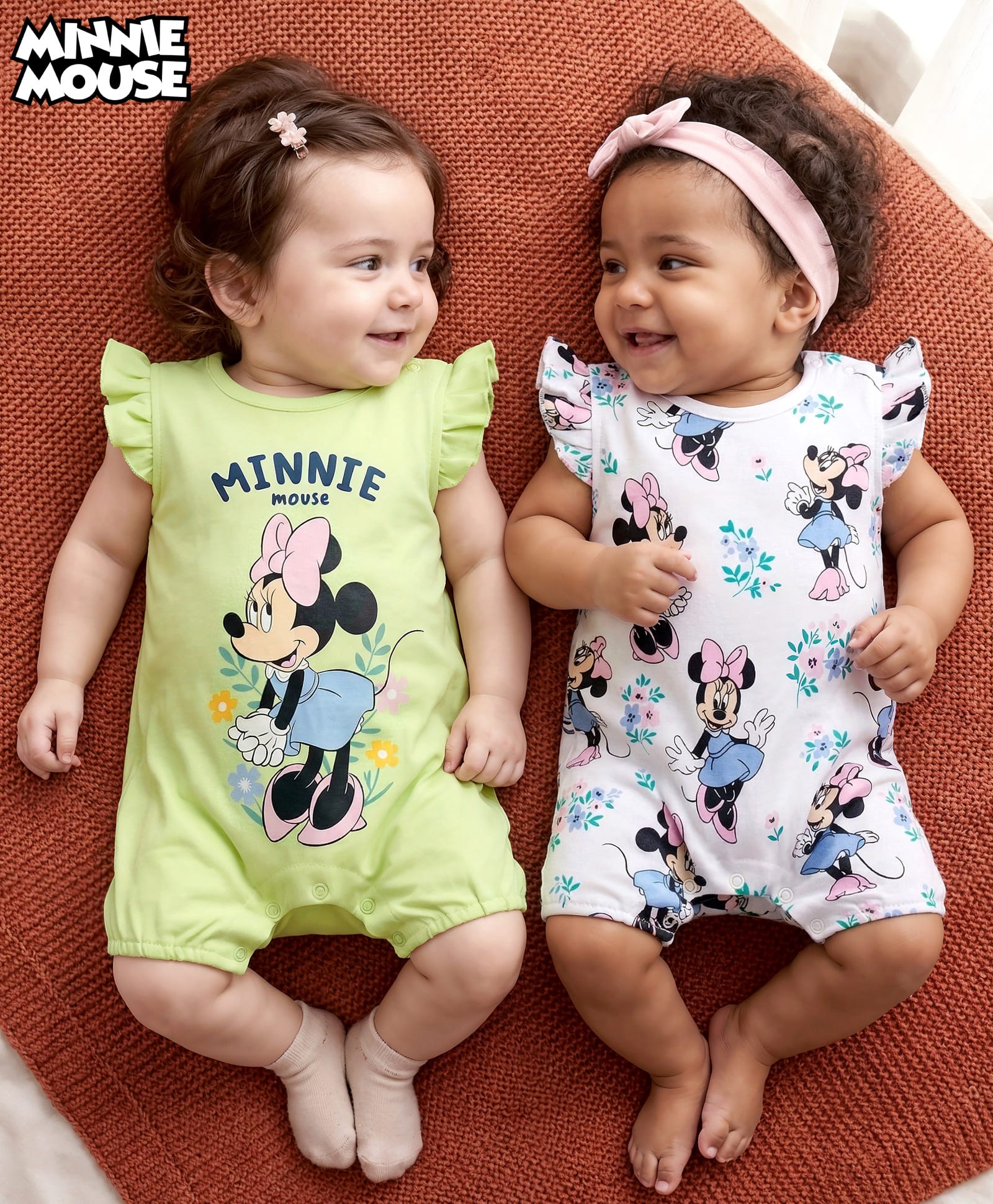Babyhug Disney Interlock Knit Sleeveless Rompers with Minnie Mouse Graphics & Frill Detailing Pack of 2 - Green & White-image-6