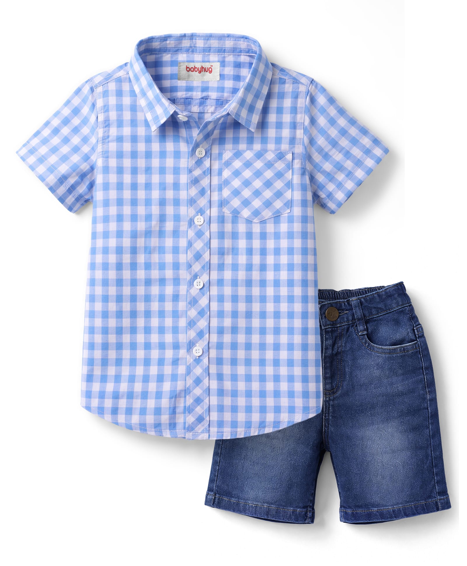Babyhug Cotton Woven Half Sleeves Checks Shirt & Denim Shorts Set - Blue-image-37