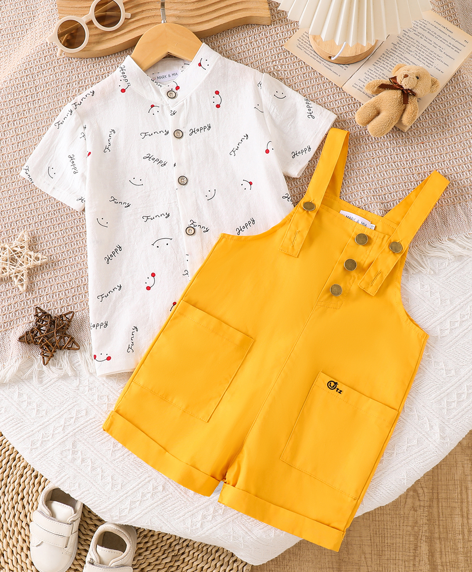Mark & Mia Cotton Dungaree & Half Sleeves Inner Tee with Text Print - Yellow & White-image-42