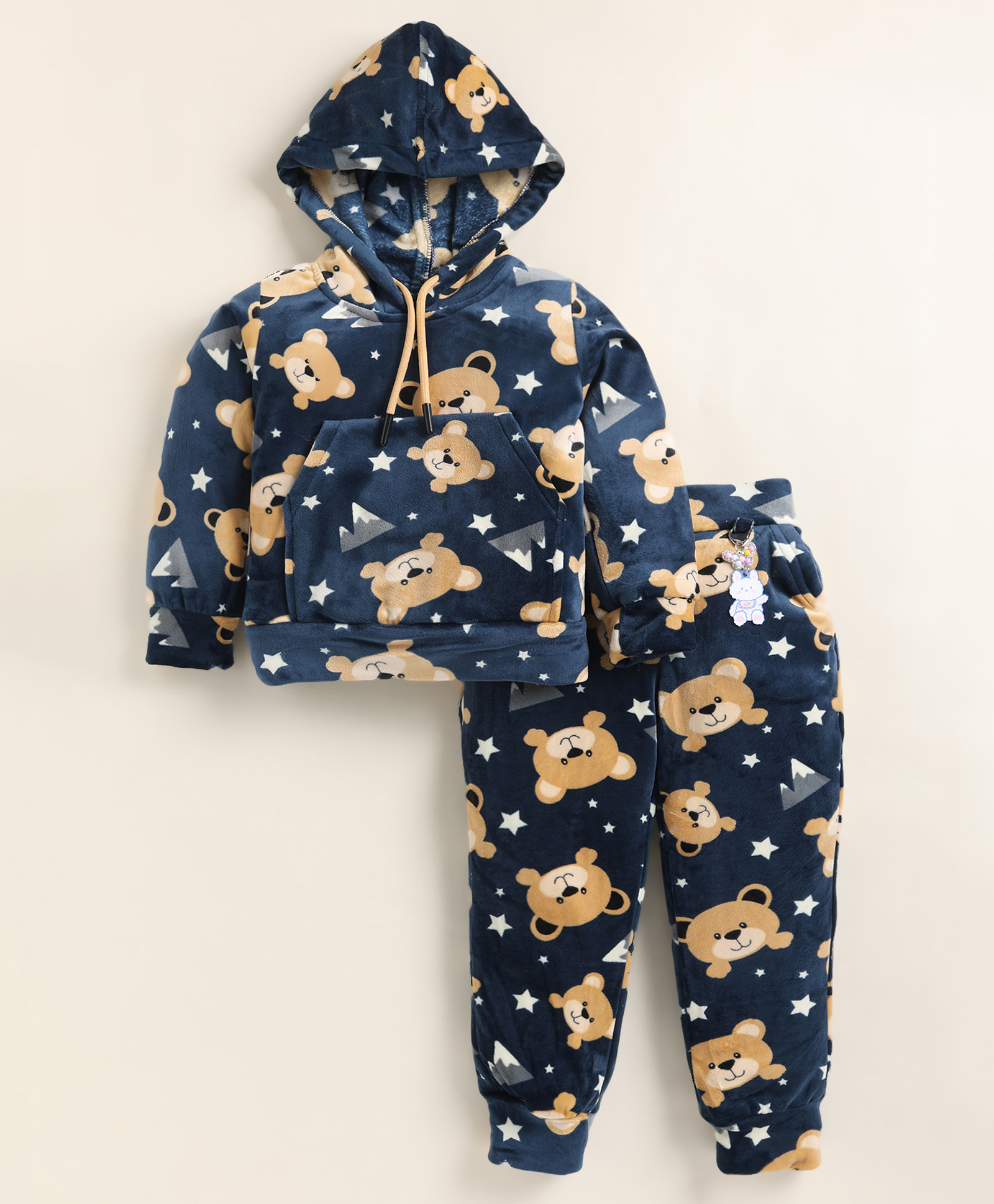 NUTTY BUTTY Velvet Knit Full Sleeves Teddy Printed Winter Sweatshirt & Joggers Set - Blue-image-3
