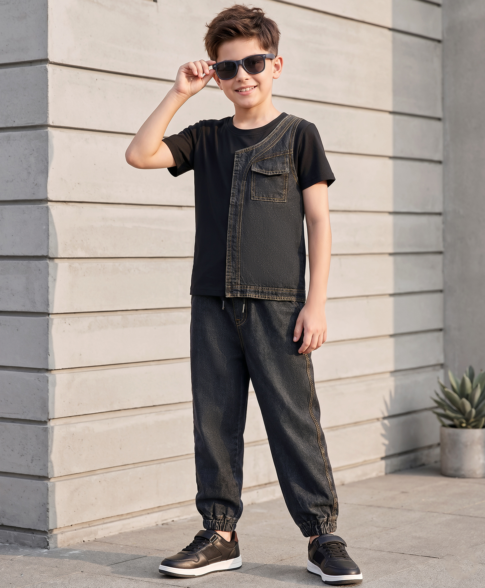OLLINGTON ST. Sinker Knit Half Sleeve Cut & Sew T-Shirt & Denim Joggers - Black & Grey-picture-18
