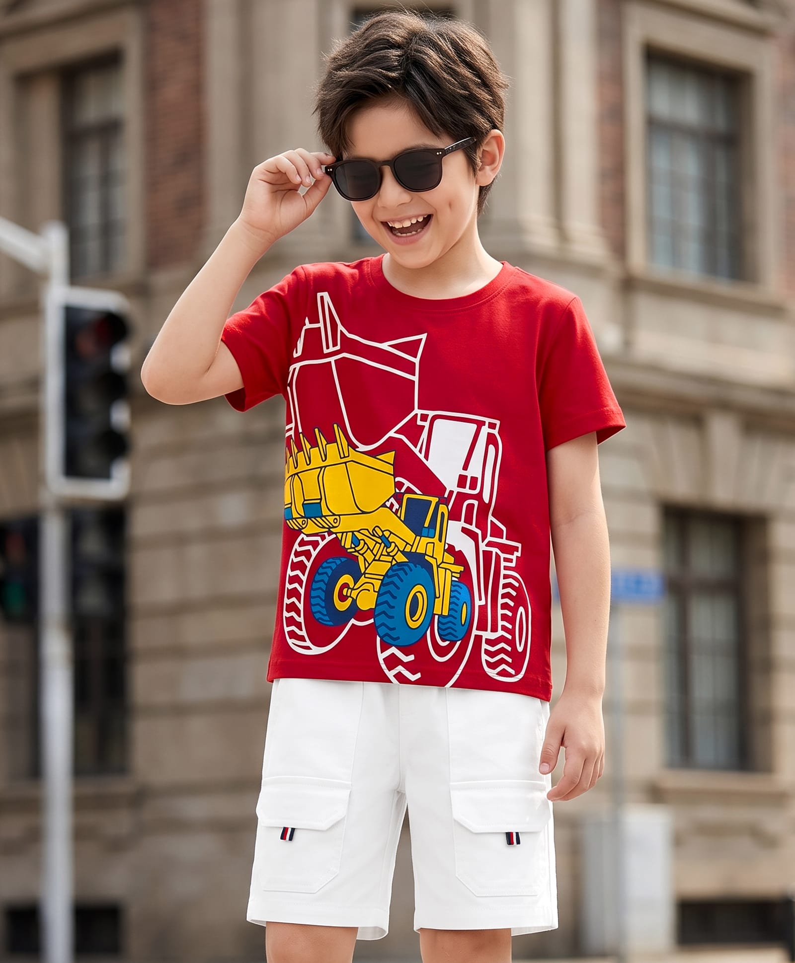 OLLINGTON ST. Cotton Sinker Knit Half Sleeve Construction Vehicles Printed T-Shirt & Woven Shorts Set - Red & OffWhite-image-36
