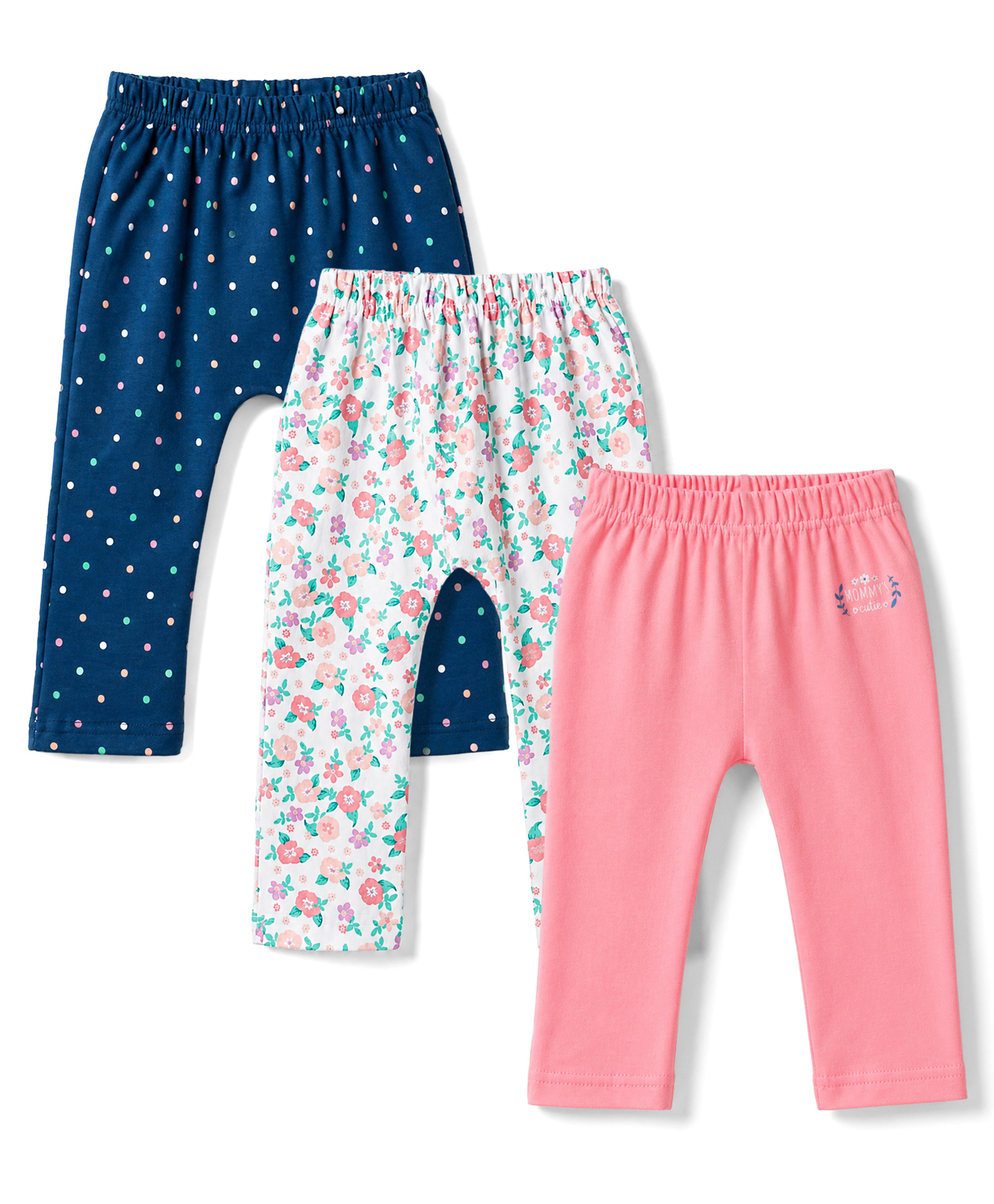 Babyhug Cotton Knit Full Length Diaper Leggings With Floral & Polka Dots Print Pack of 3 - Multicolor