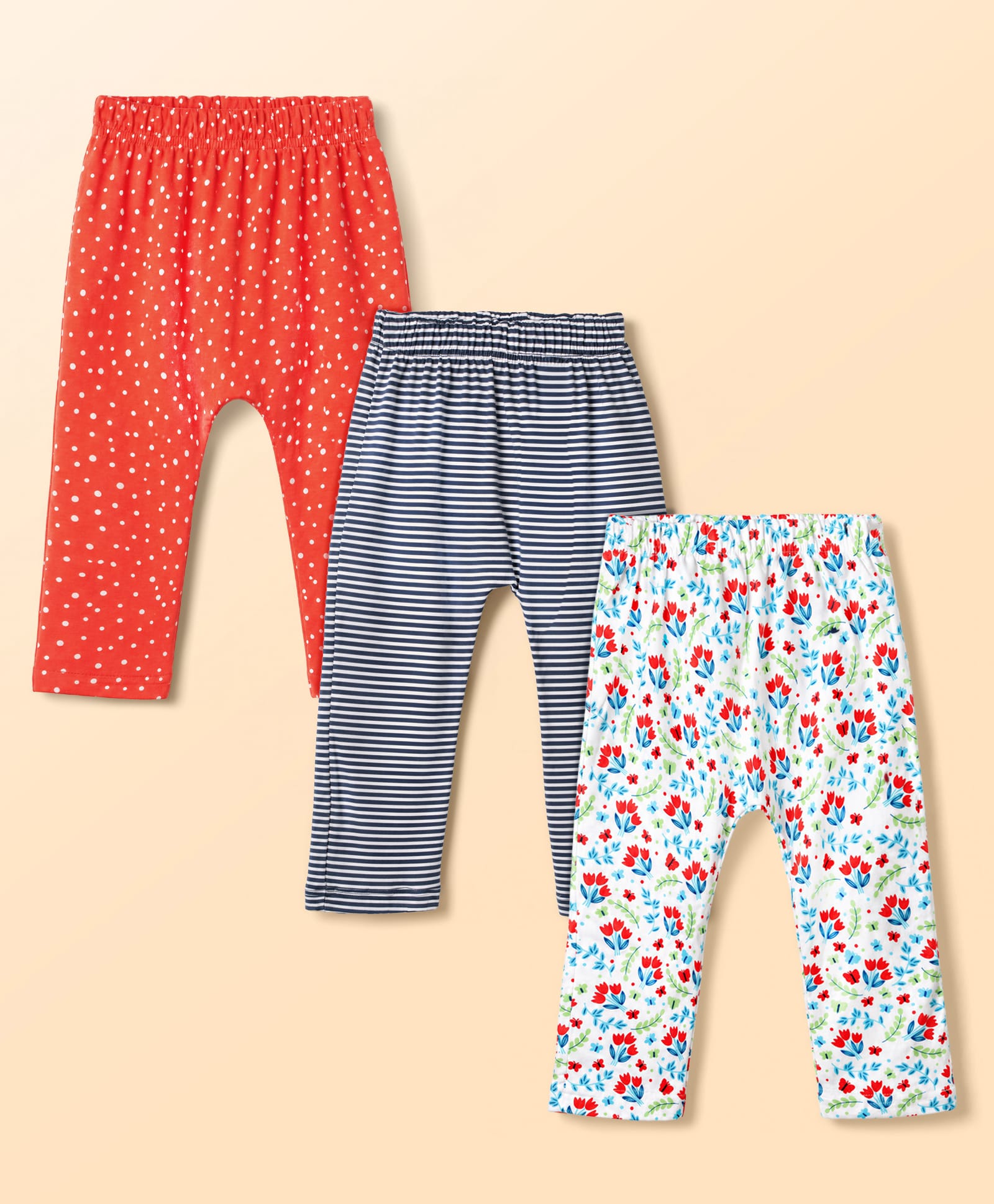 Babyhug Interlock Knit Full Length Diaper Leggings with Floral & Polka Dot Print Pack of 3 - Multicolor