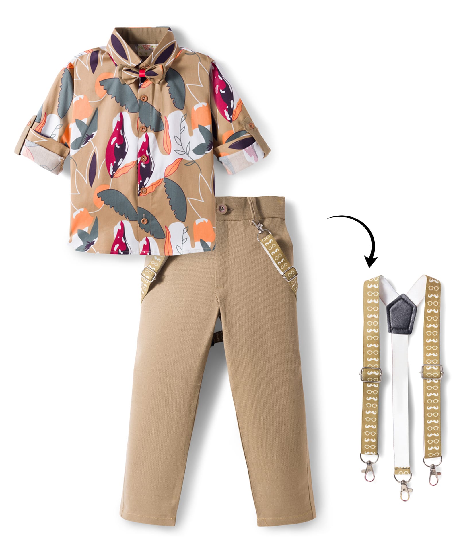 Rikidoos Cotton Knit Full Sleeves Leaf Printed Party Shirt & Trouser Set With Bow & Suspender - Khaki-picture-11