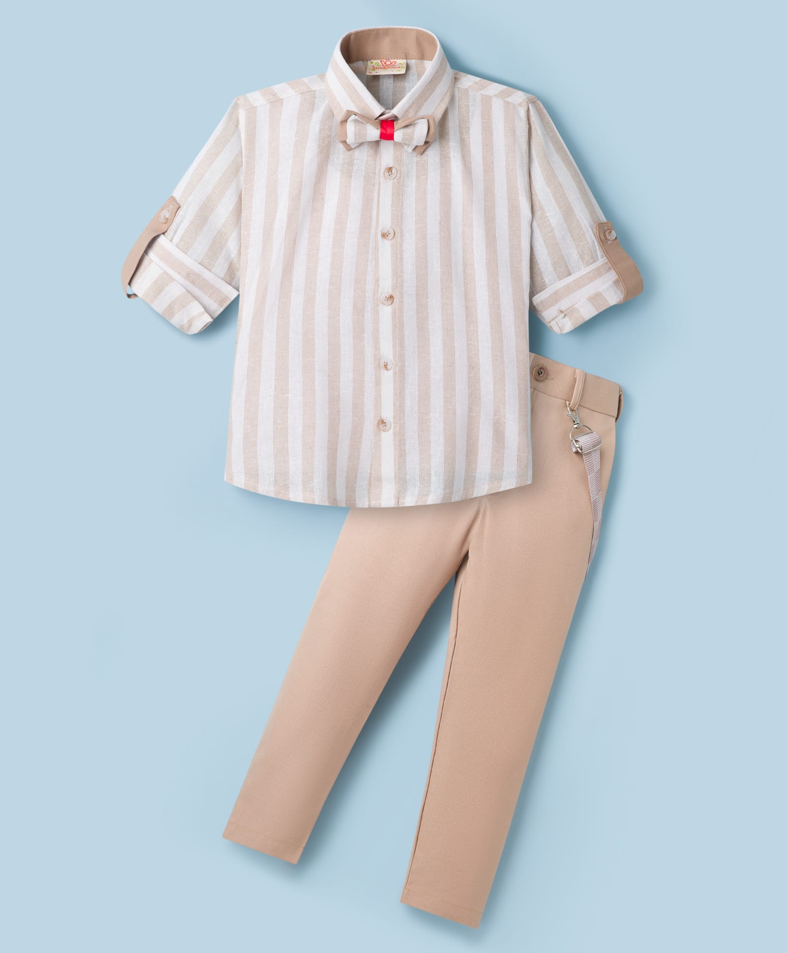 Rikidoos Cotton Knit Full Sleeves Striped Party Shirt & Pant with Suspender & Bow - Beige-image-11