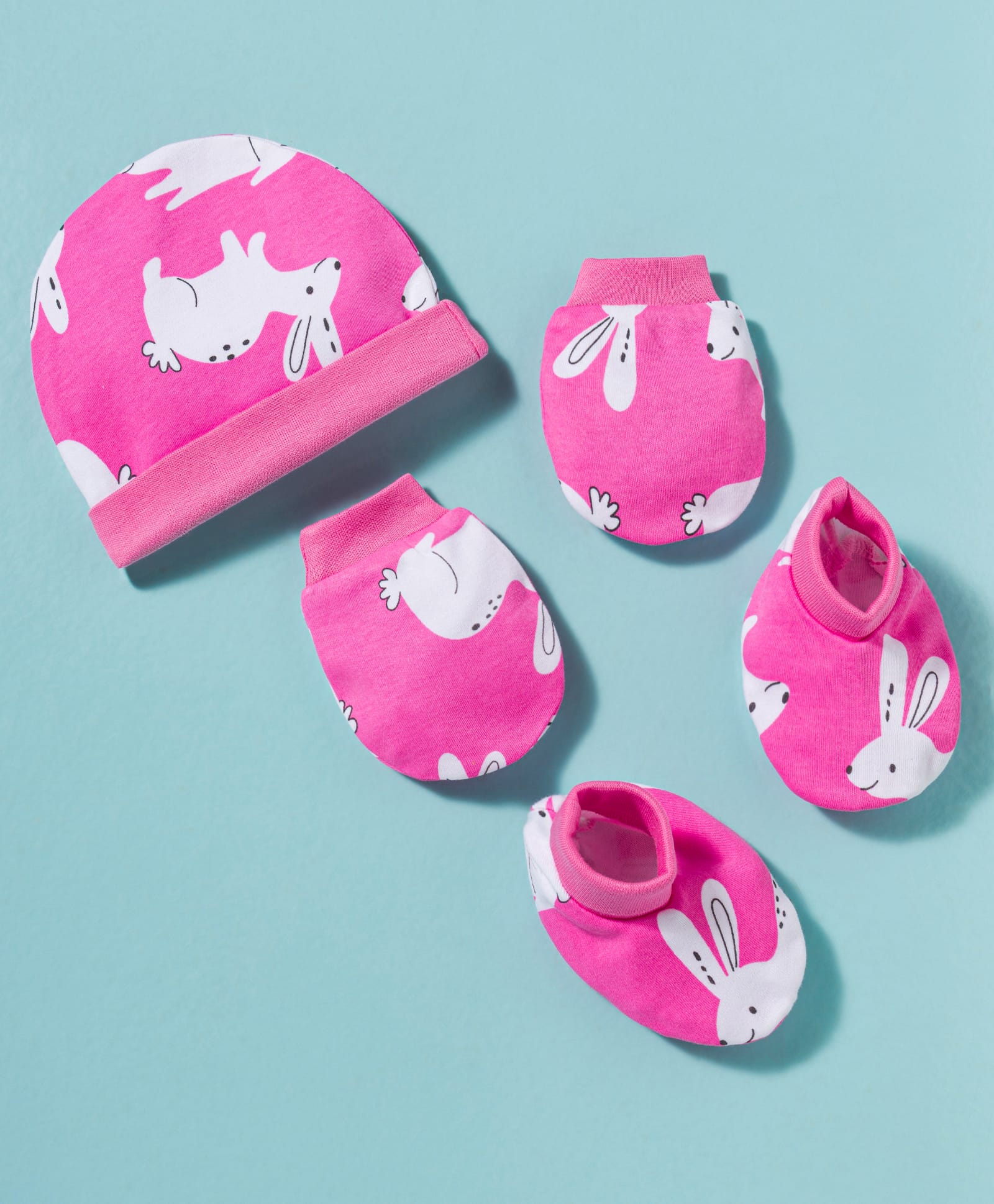 Kookie Kids Interlock Knit Cap Mittens & Booties With Bunny Print Pink - Diameter 9.5 cm-image-16