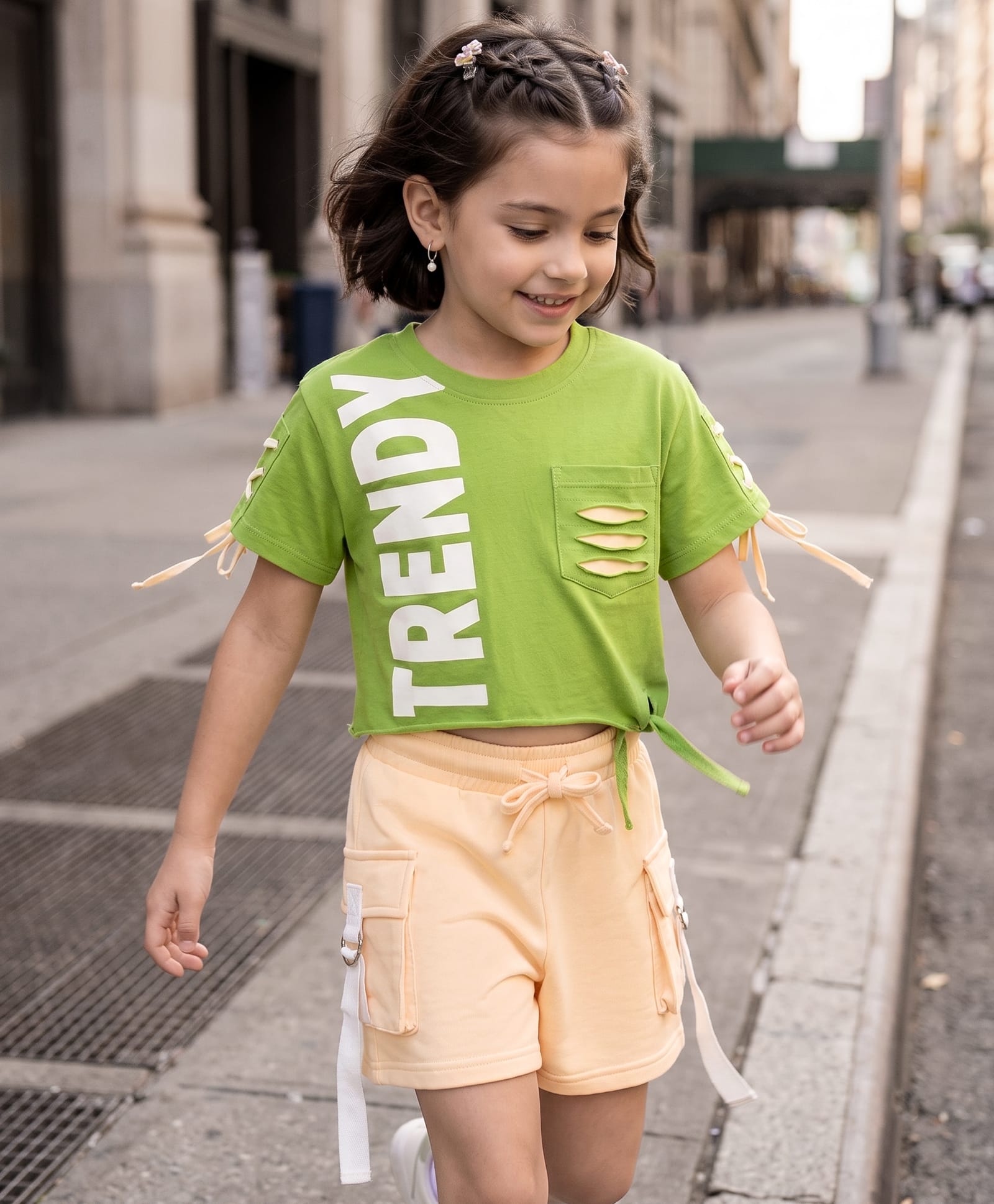 OLLINGTON ST. Sinker Knit Half Sleeves Top & Shorts Set With Text Print - Olive Green & Beige-picture-13