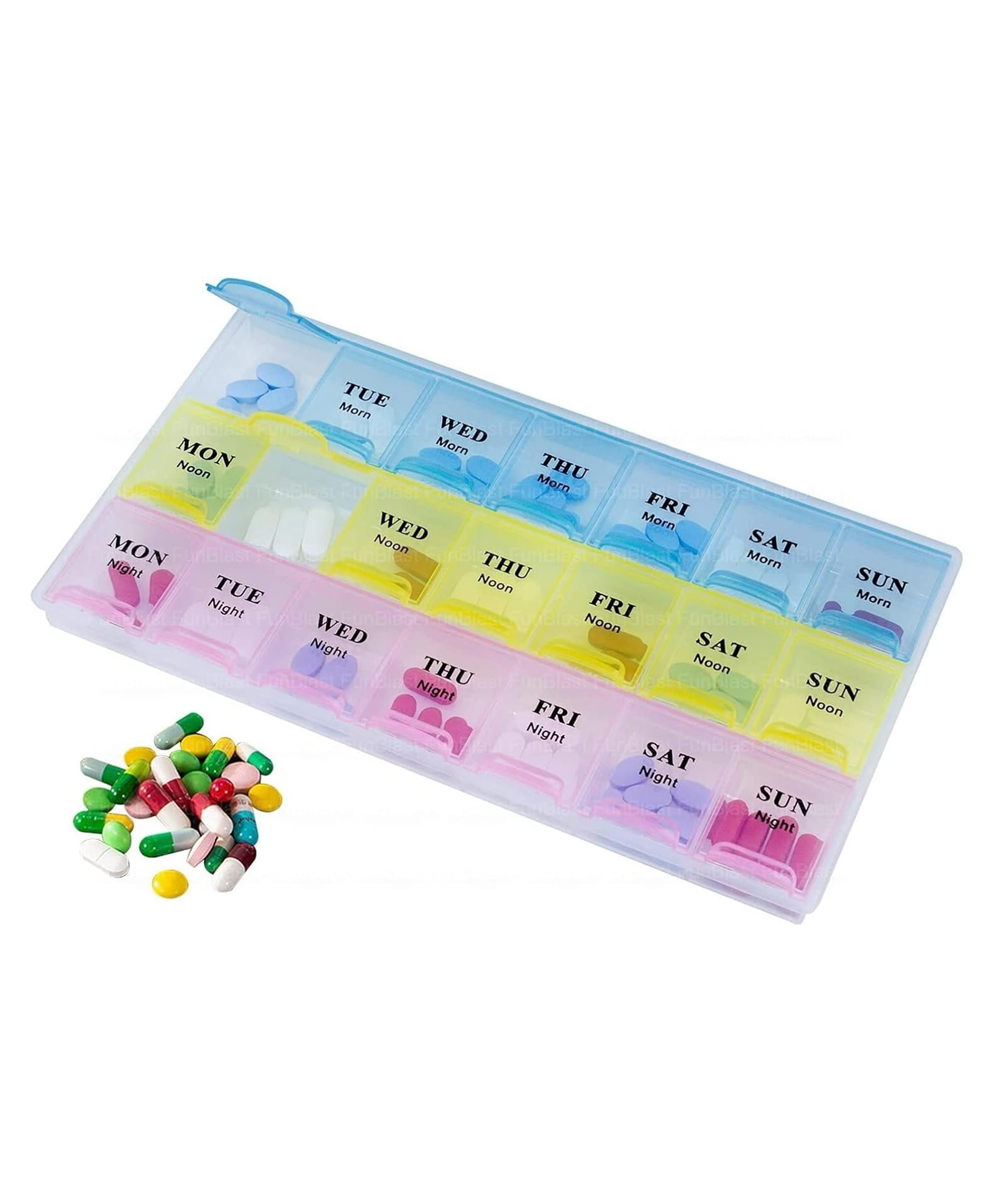 FunBlast Weekly Pill Organizer Box for Tablets, Vitamins & Capsules Pack of 1 - 21 Compartments (Multicolor)-image-36